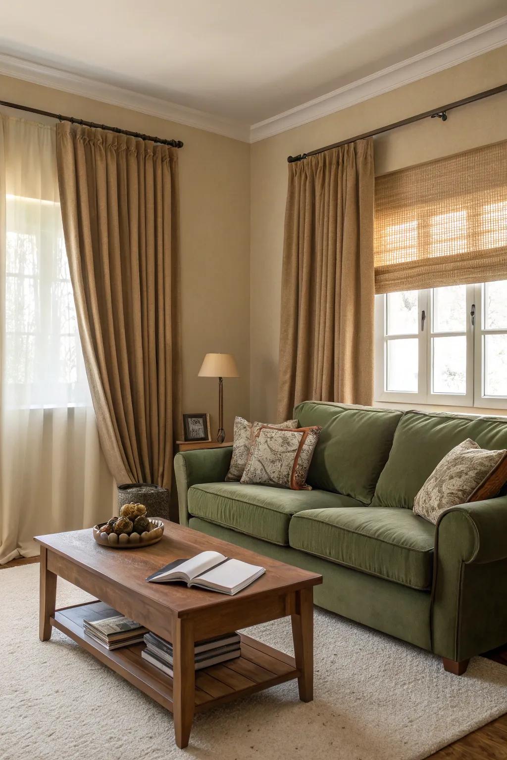 Gentle, understated colors fashion a serene environment for an evergreen-toned couch.