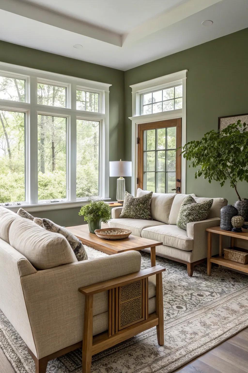 An inviting living space accentuated by walls of olive green.