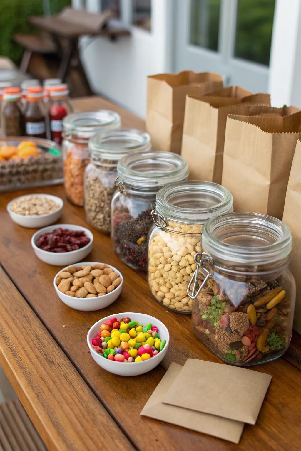 A custom-made trail mix bar showcasing various snacks for an individualized touch.