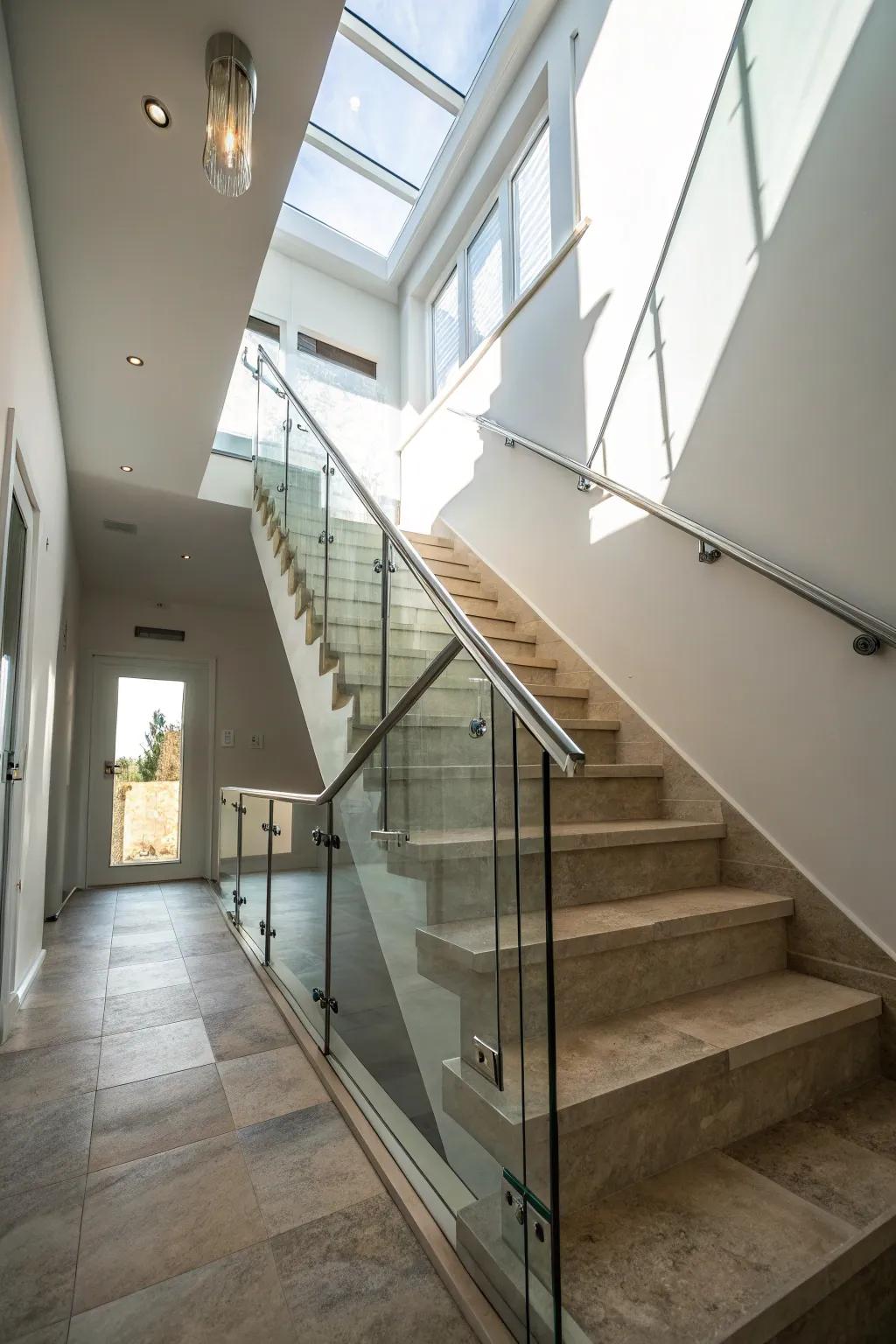Glass railings provide an unobstructed view and enhance light within your basement.