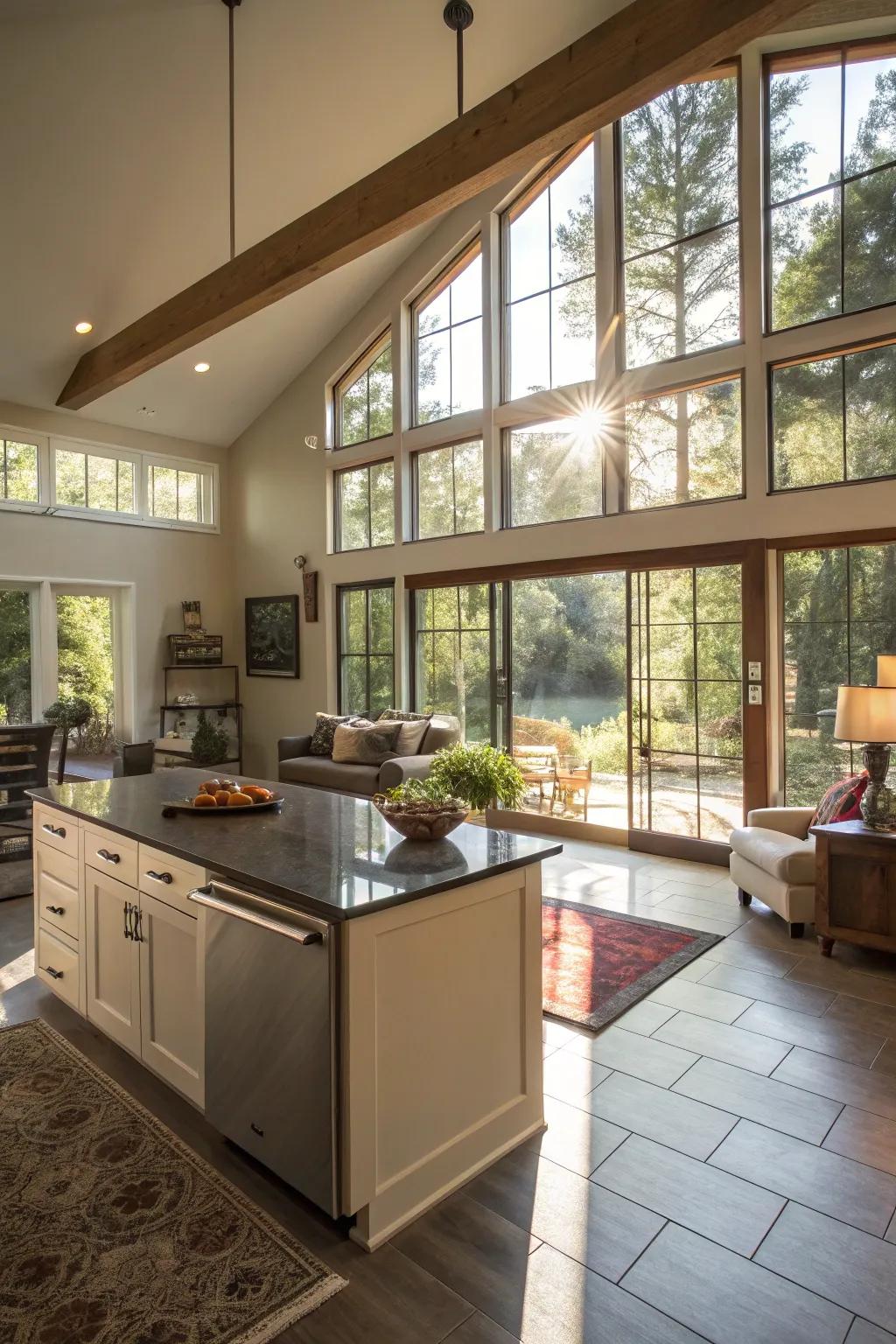 Sunlight beautifully illuminates this open-plan kitchen and living room.