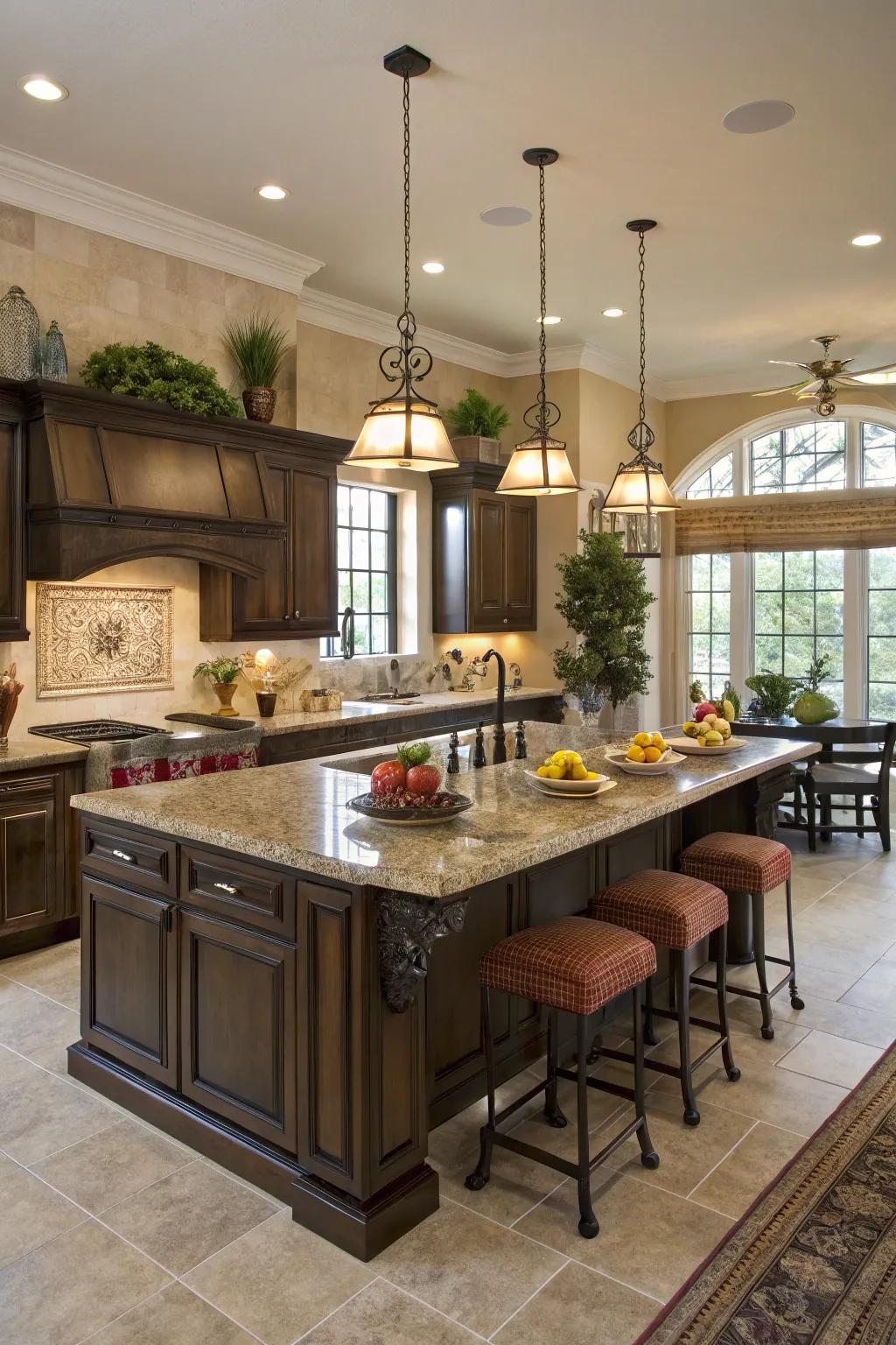 A central island functions as a workspace and a place to gather.