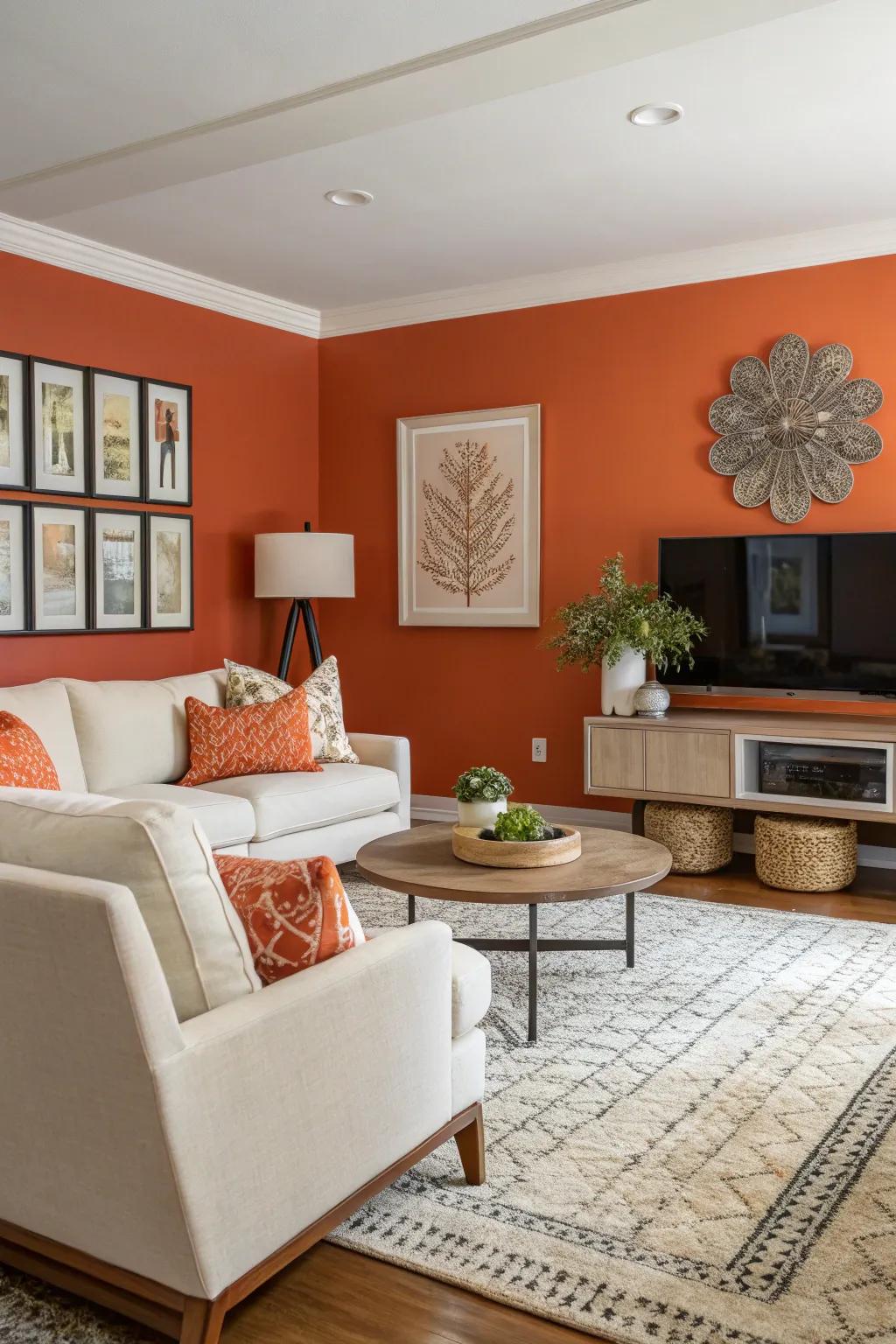 A dramatic orange accent wall infuses character into this contemporary living room.