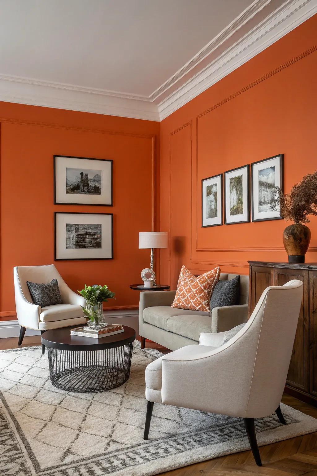 A vibrant living area enhanced by a prominent orange wall.