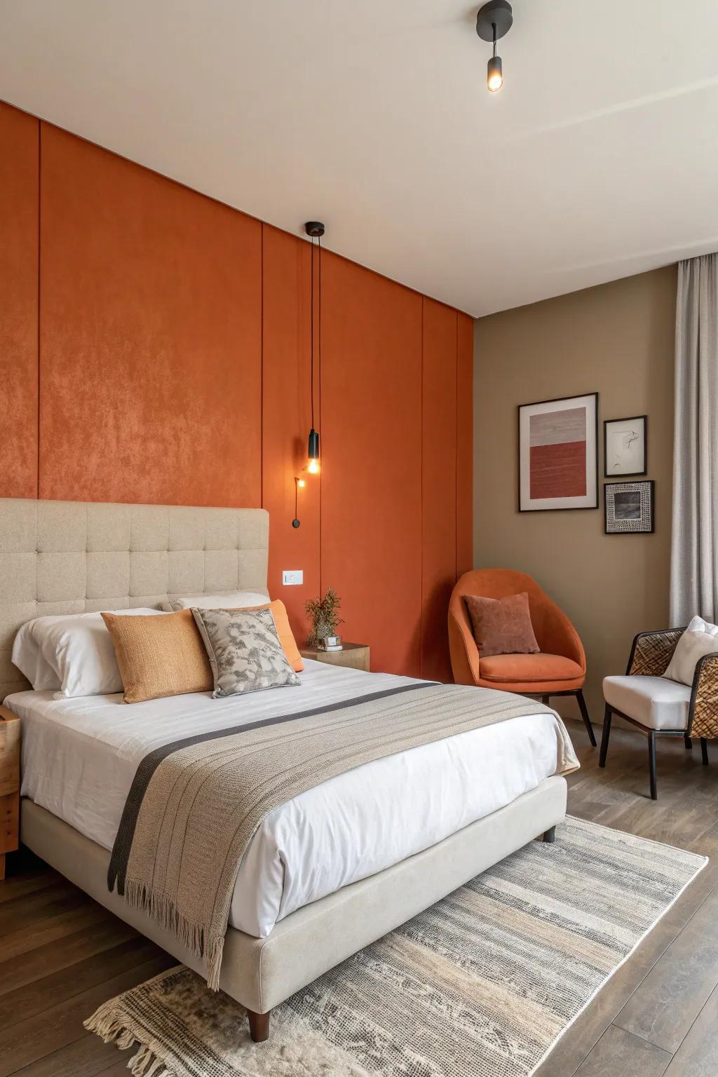A bedroom is brought to life with a vibrant tangerine feature wall, resulting in a cozy and welcoming ambiance.