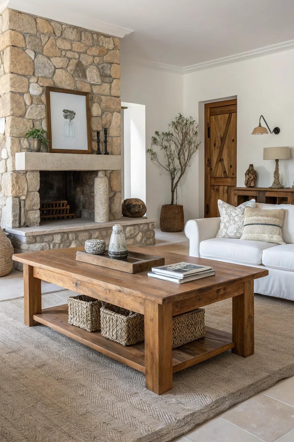 A living room beautifully rooted with natural wood and stone accents.