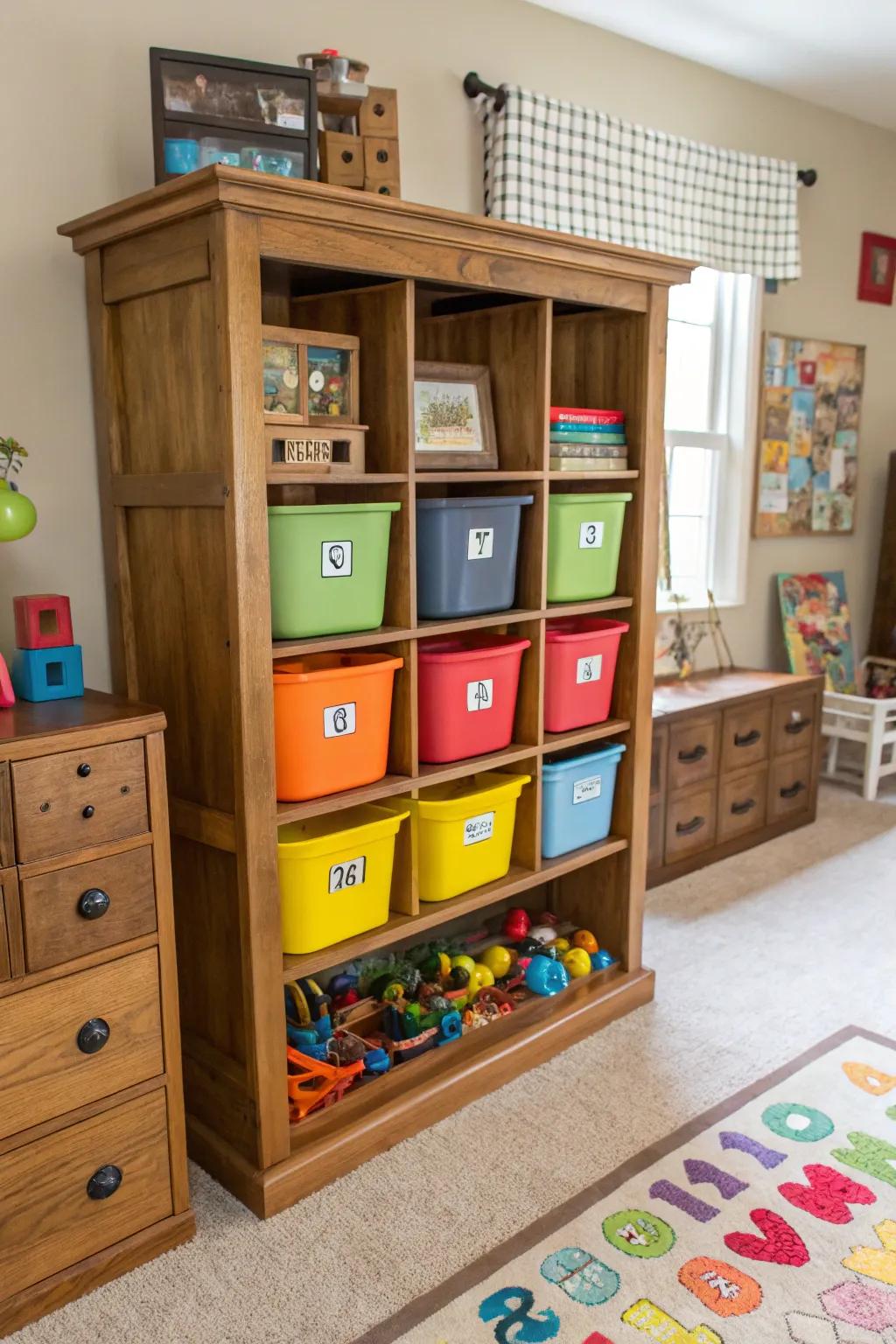 Repurposed furniture provides chic toy storage.