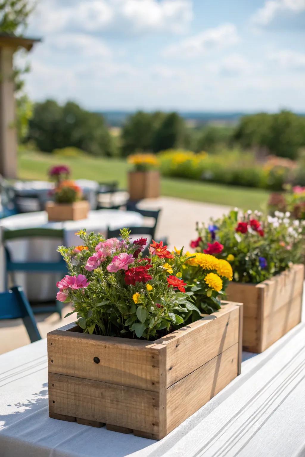 Wooden planter boxes overflowing with seasonal flowers impart a rustic allure to any table.