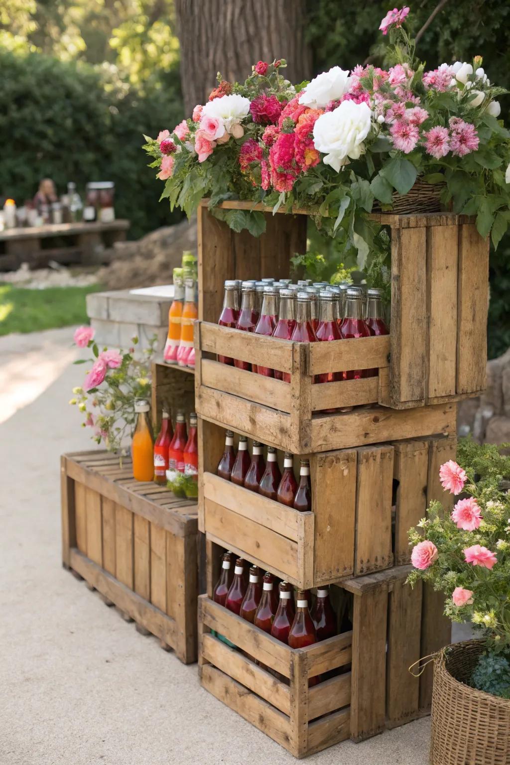 Weathered wooden boxes provide a versatile and appealing foundation for a beverage station.