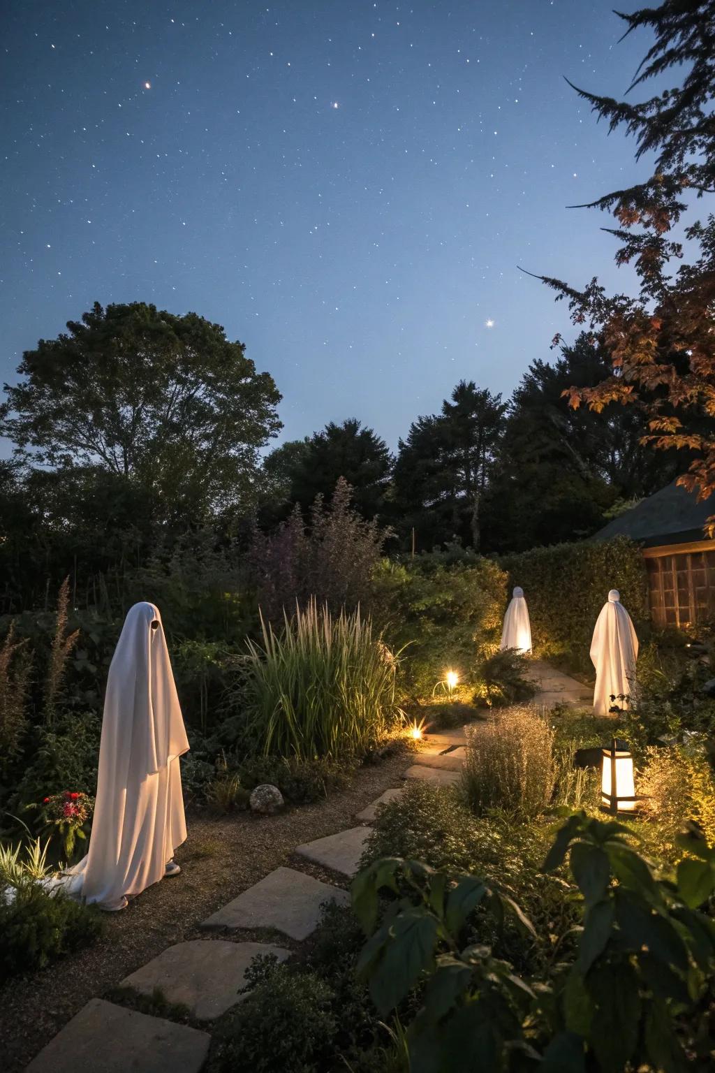 An outdoor space transformed with radiant phantom sculptures for a haunting All Hallows' Eve.