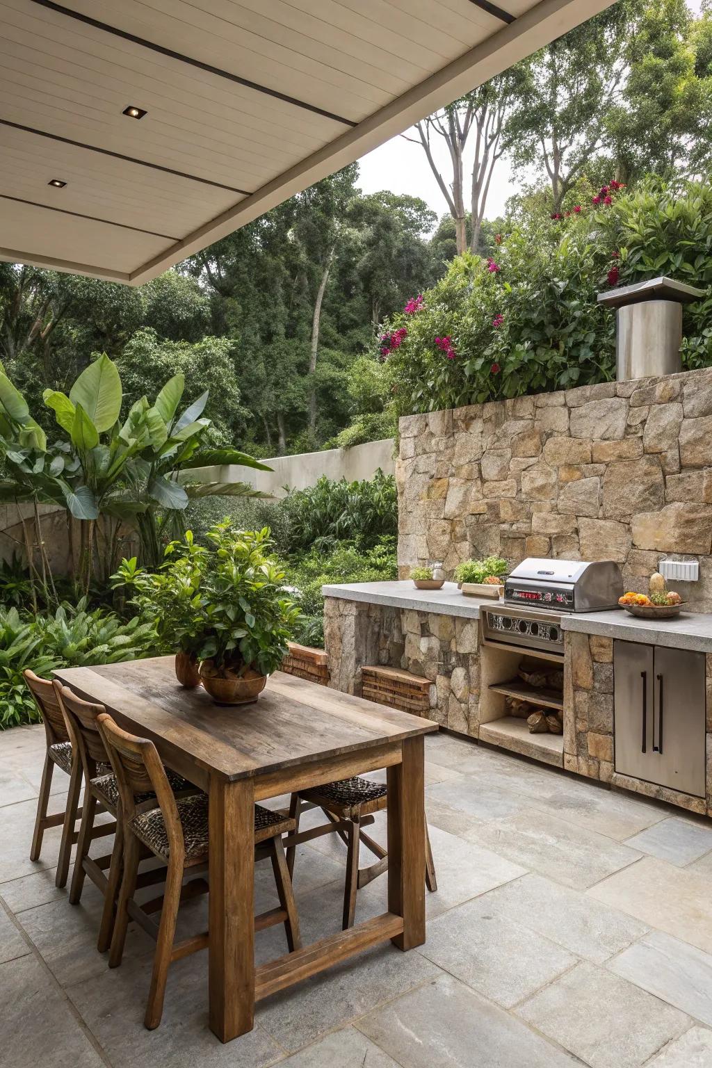Natural stone backsplashes contribute to an elegant and harmonious outdoor kitchen ambiance.