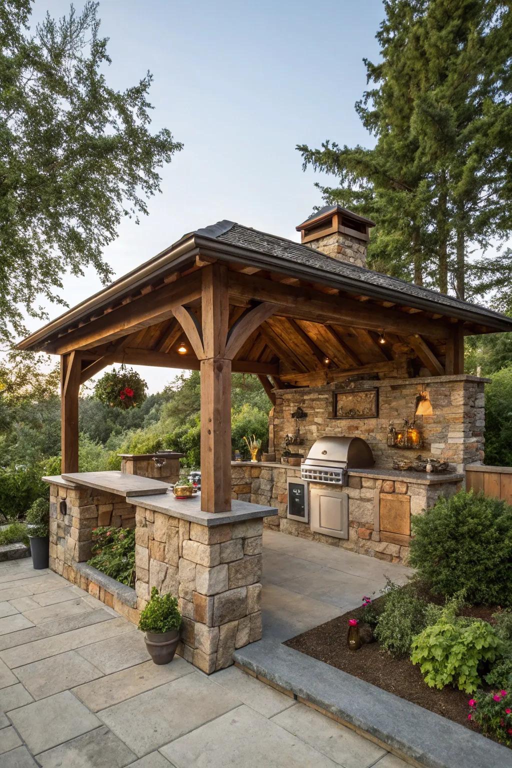 Delight in rustic beauty with a wood and stone outdoor kitchen gazebo.