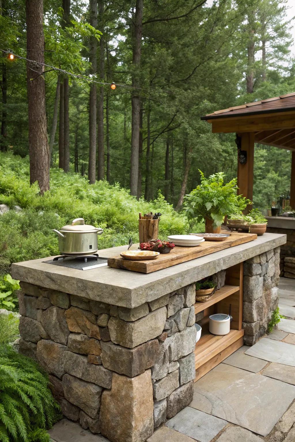 A captivating outdoor kitchen island, made from stone and wood, perfectly nestled within the flourishing greenery.