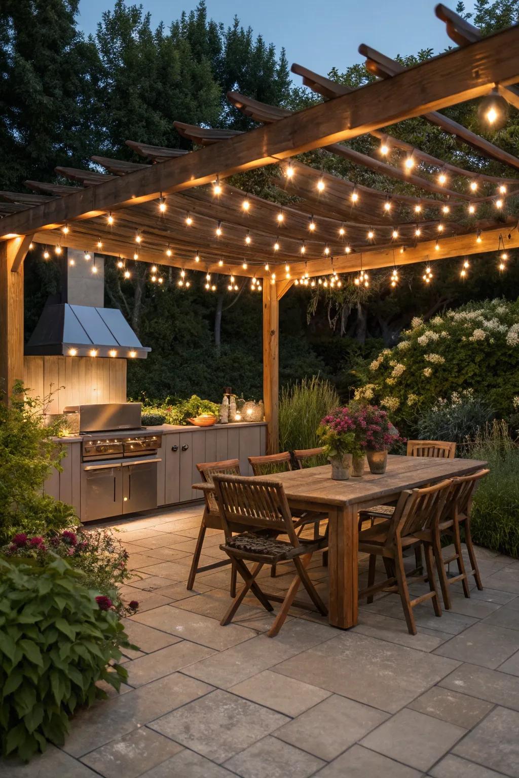 String lights give any outdoor kitchen setting an element of magic.