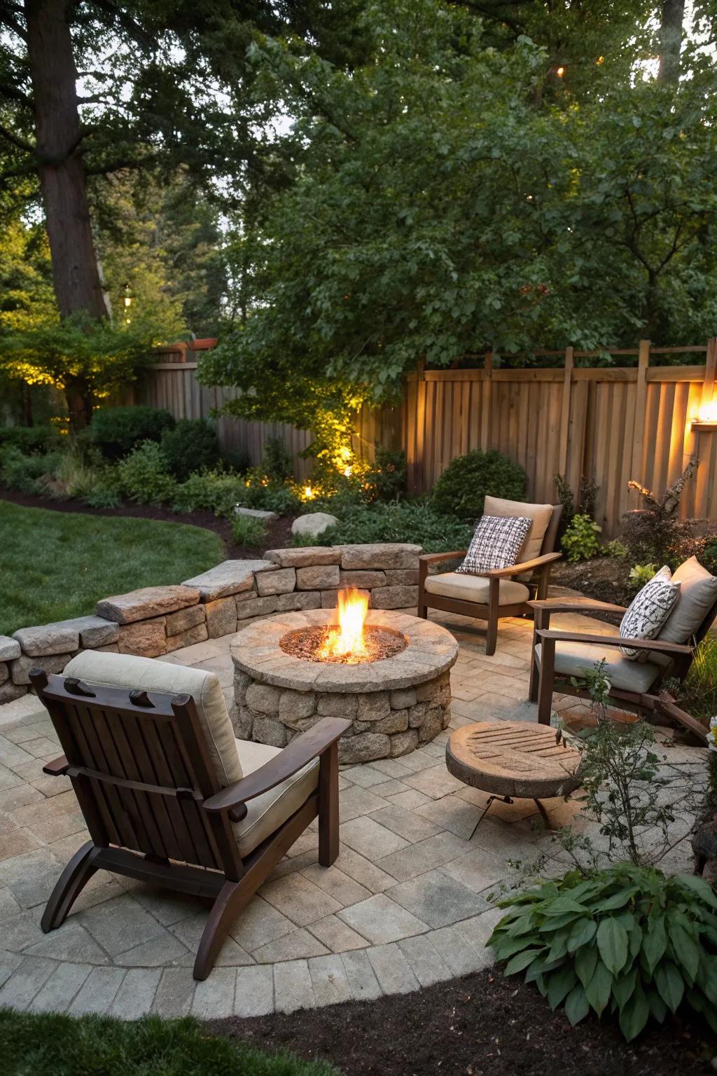 An inviting burning bowl area ideal for nighttime get-togethers.