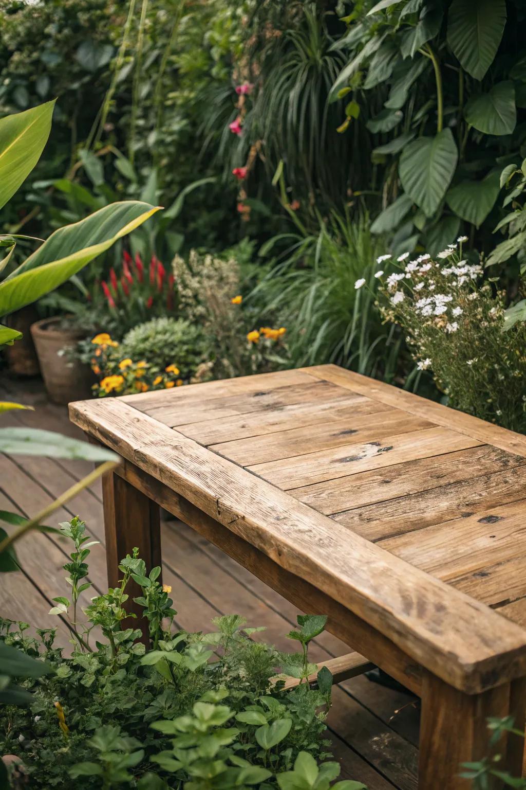 A rustic wooden table top introduces an element of innate warmth to your outdoor setting.