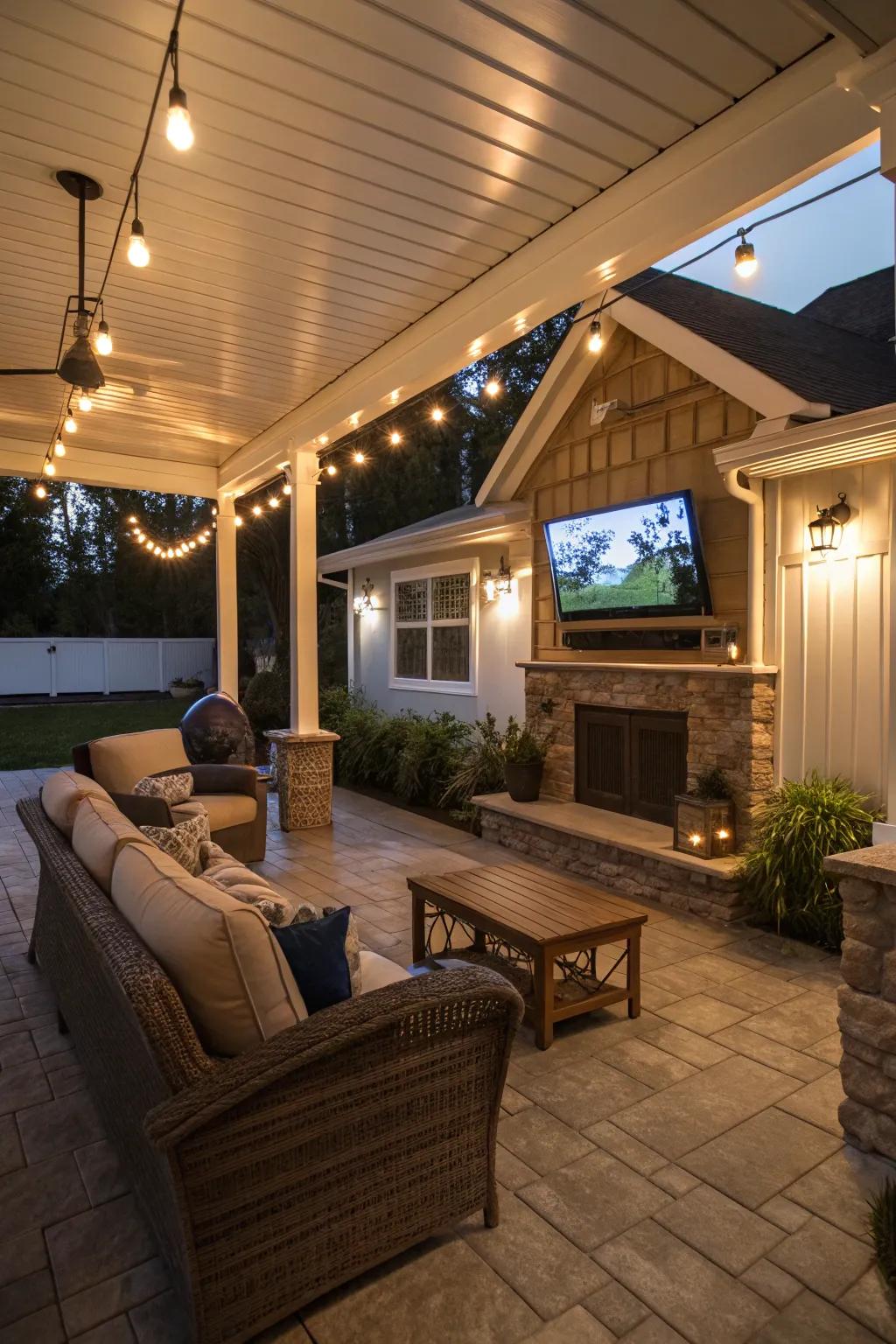 A TV mounted under a covered patio creates a cozy outdoor entertainment space.