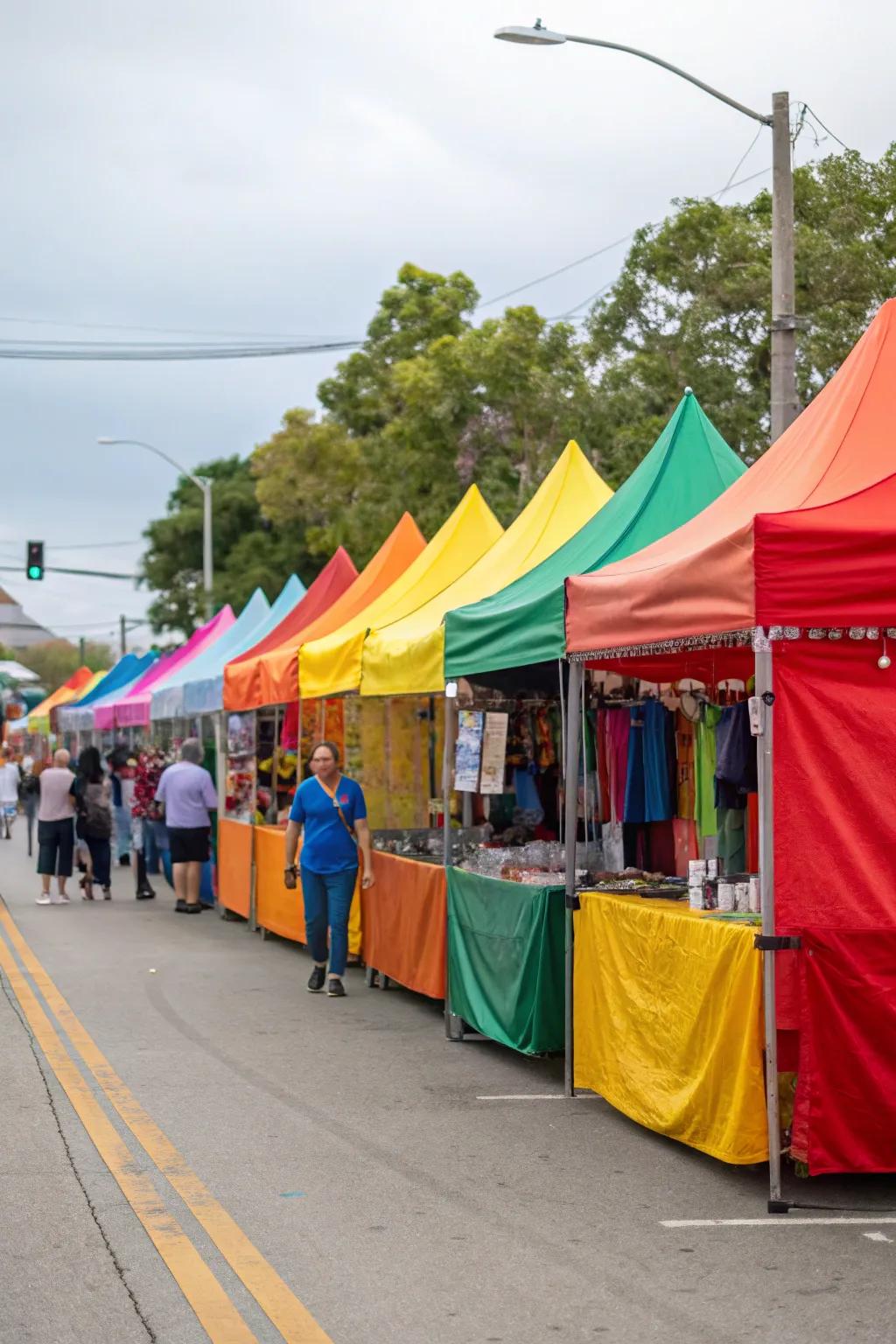 Tents in vibrant colors grab attention at an outdoor market.