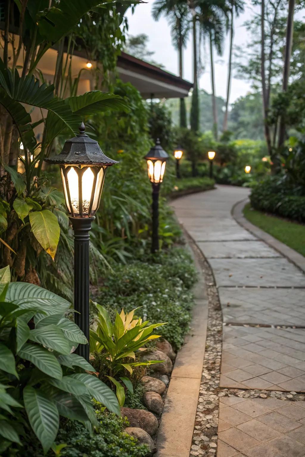 Traditional path lights craft an inviting walkway.