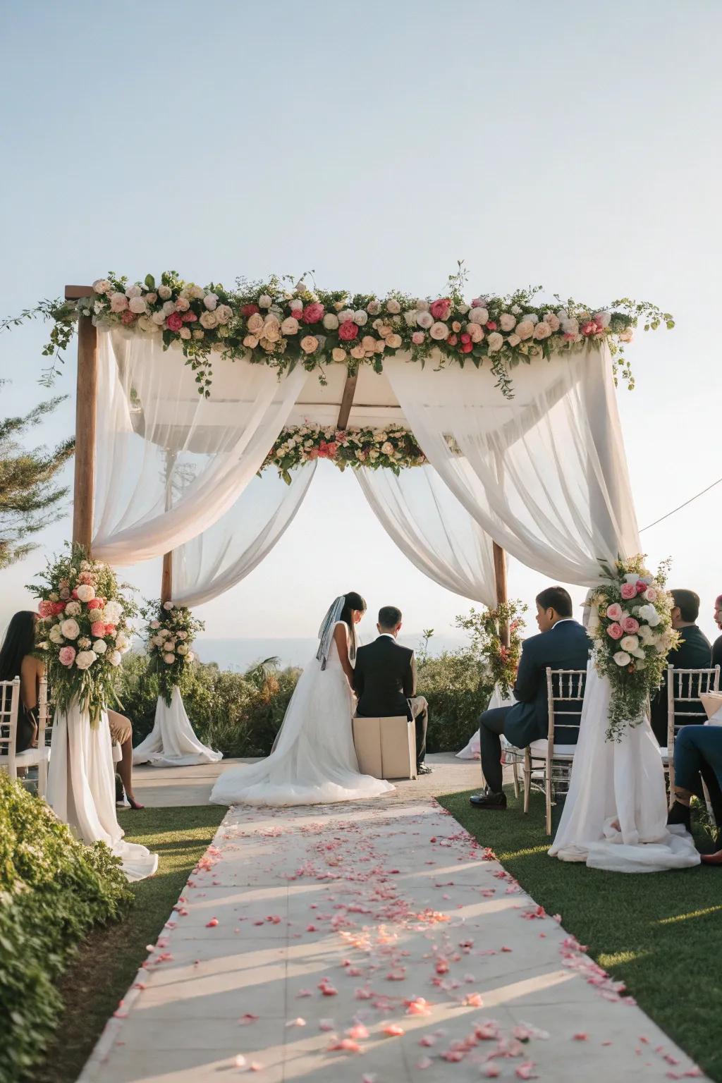 Design a magical atmosphere with luxurious canopies and textile artistry.