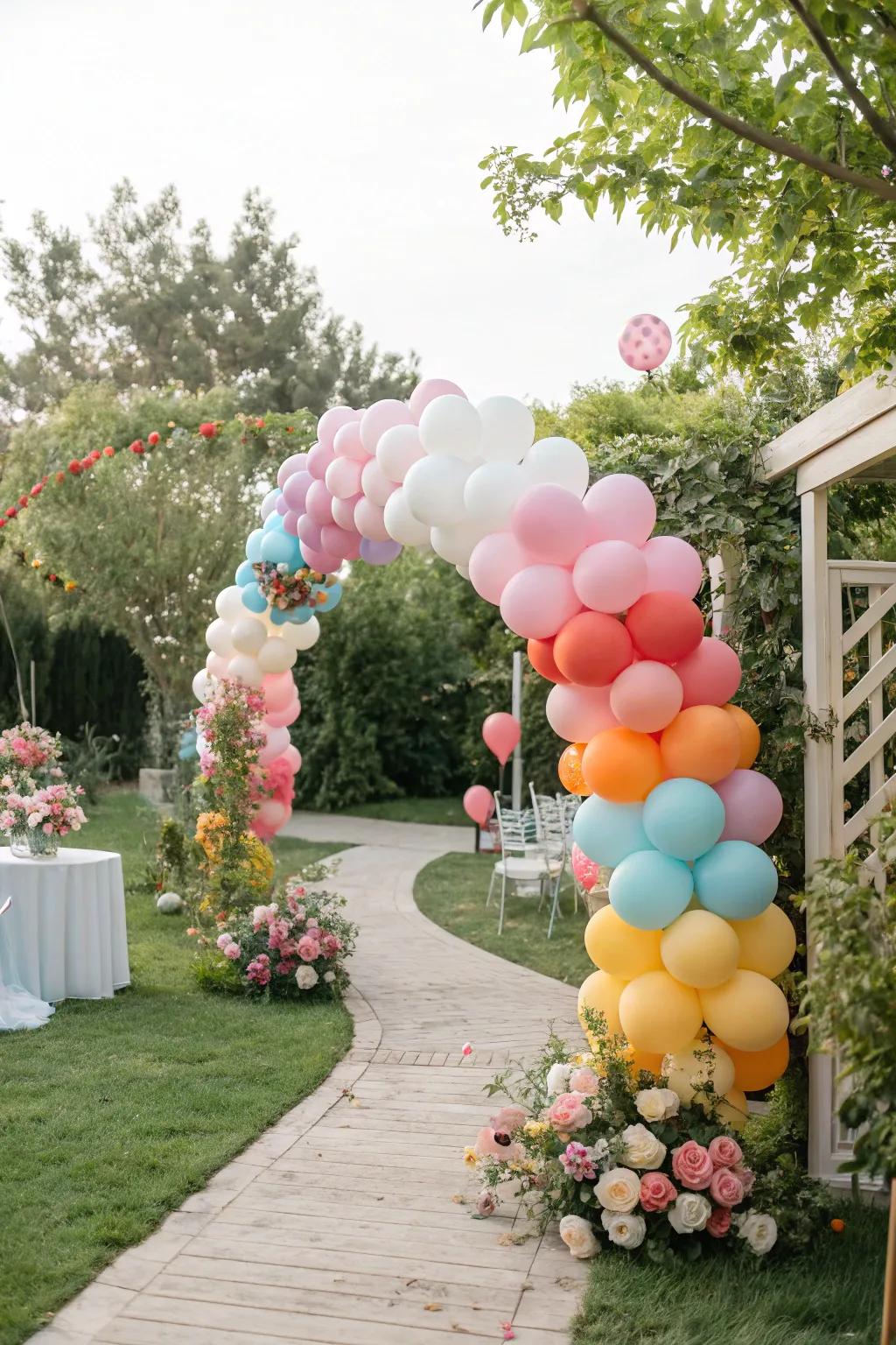 Bright balloon arrangements creating a festive baby shower atmosphere.