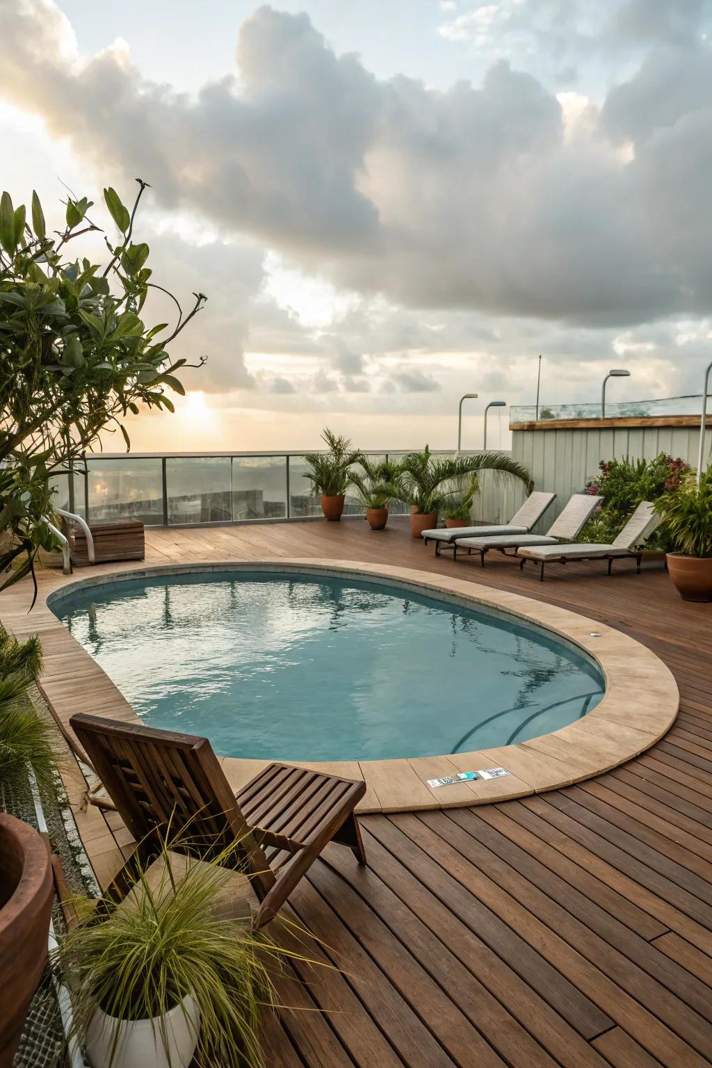 A wooden deck imparts warmth and personality to this rounded pool space.