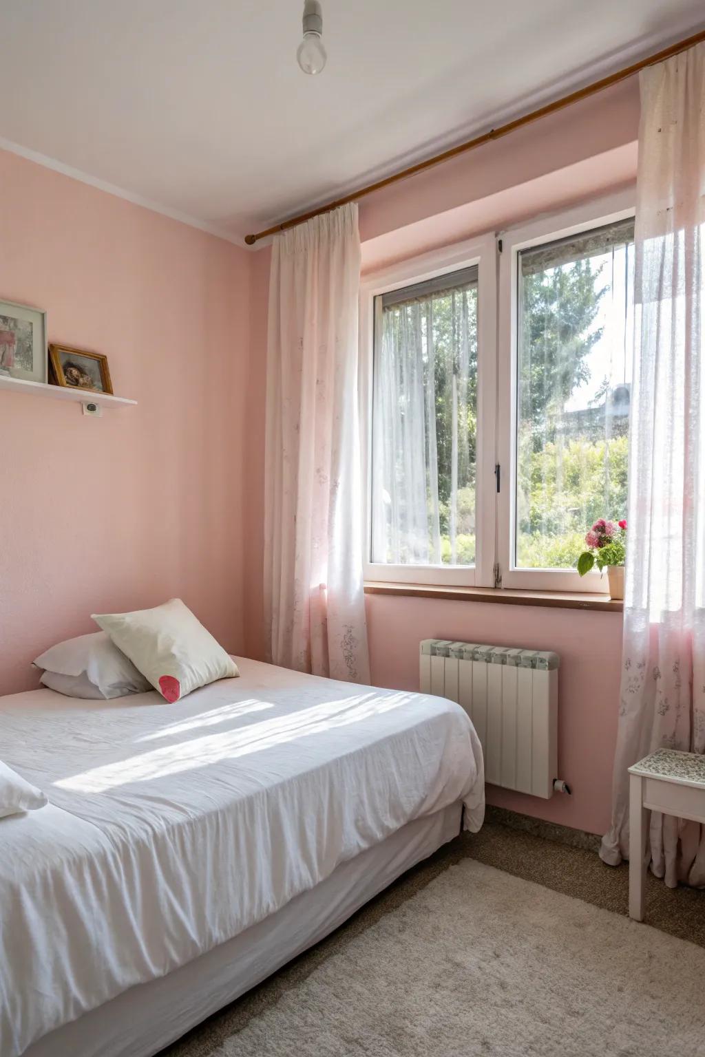 Soft colors like light rose can visually expand and brighten a confined area.