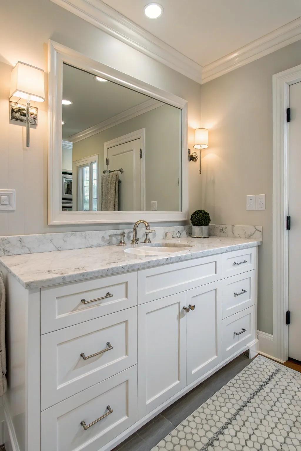 A radiant white vanity brings a fresh, contemporary touch.