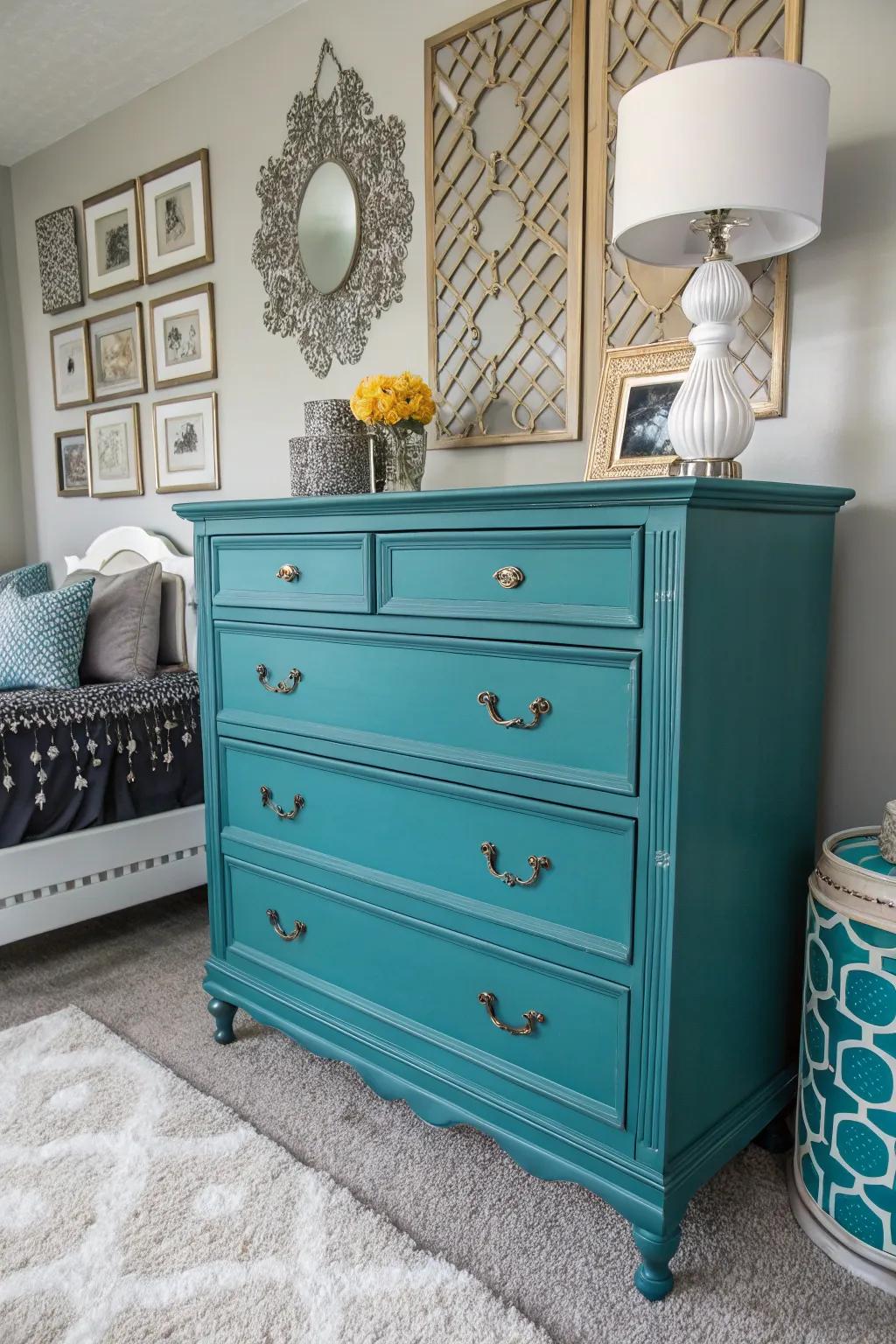A bold blue-green chest of drawers can revolutionize your bedroom's atmosphere.