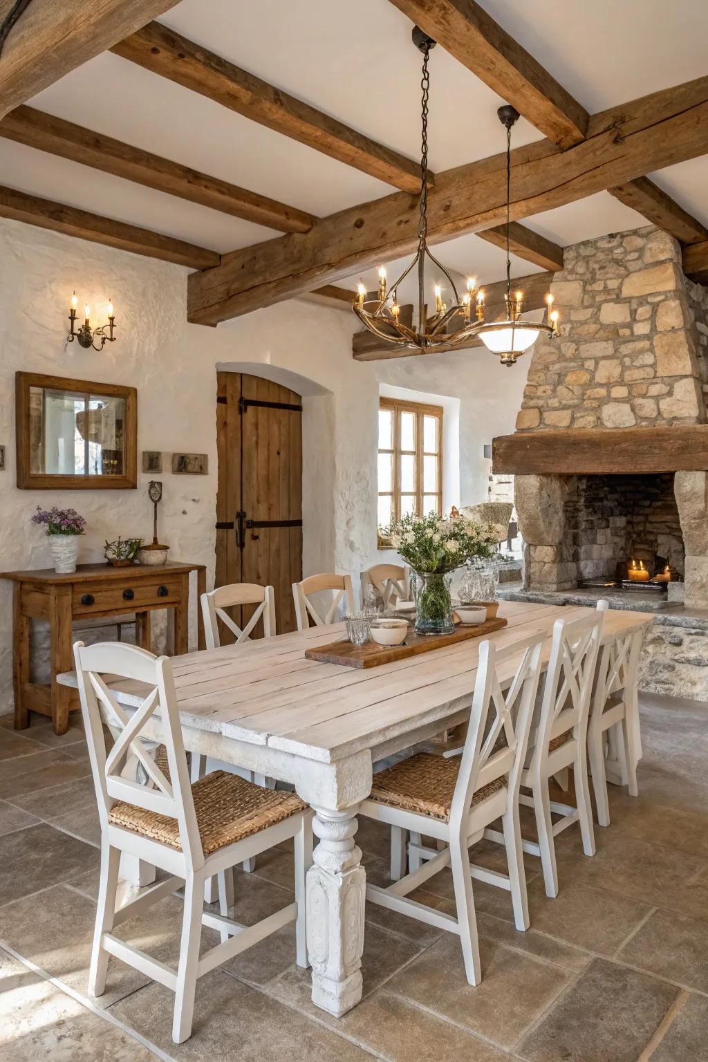 A distressed white finish infuses a touch of rustic allure into any dining setting.