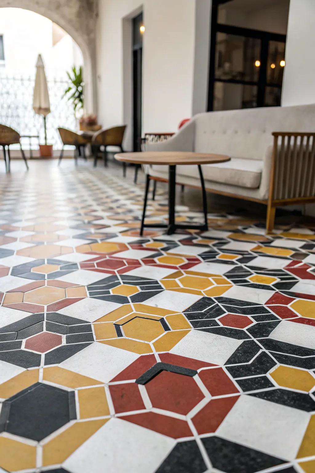 A room showcasing floors with vibrant, geometric hexagon patterns that create a contemporary and lively atmosphere.