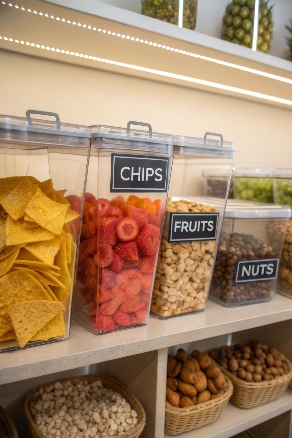 Clear containers allow for effortless visibility and selection of your favorite snacks.
