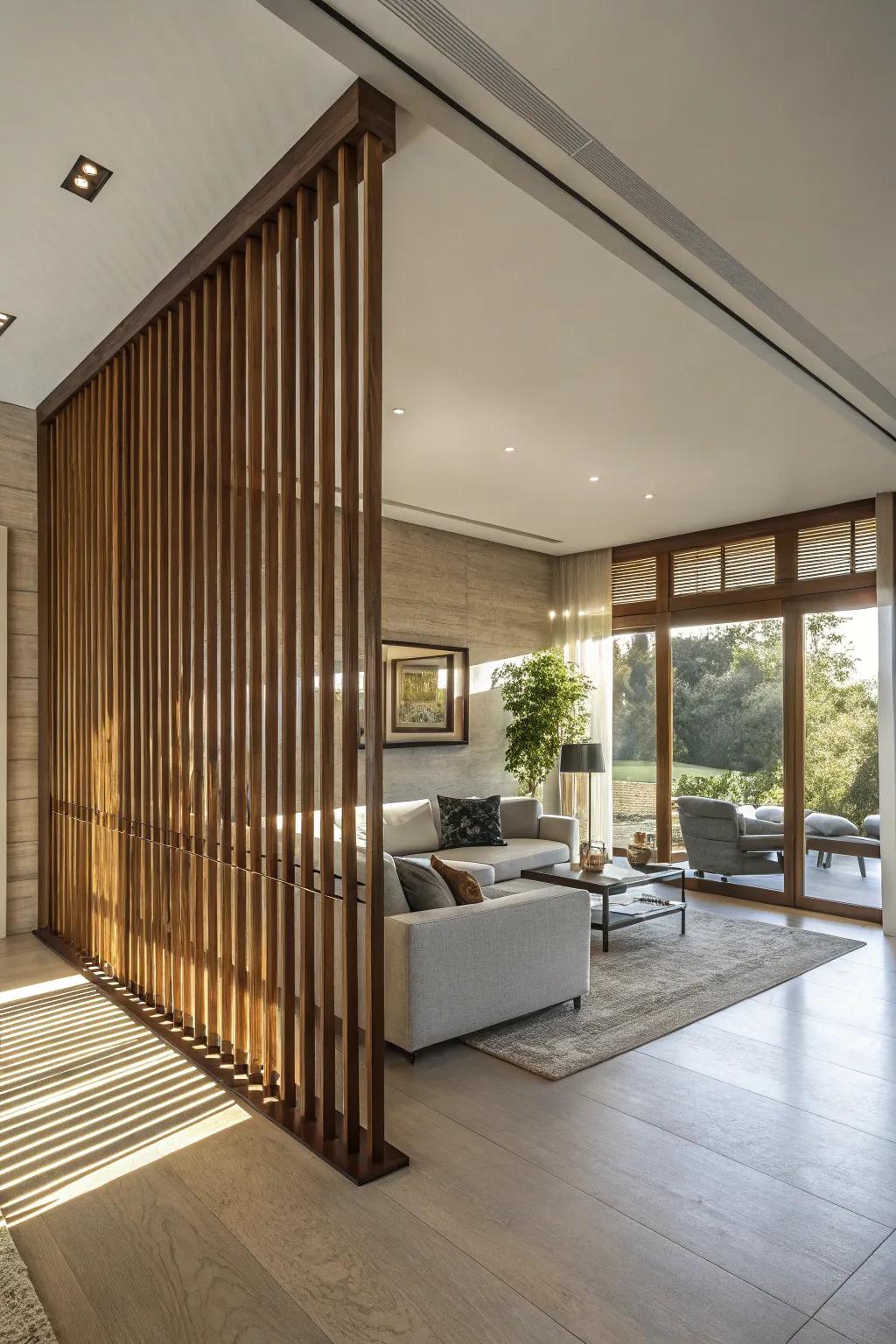 Upright wood slats inject sophistication and coziness into any setting.