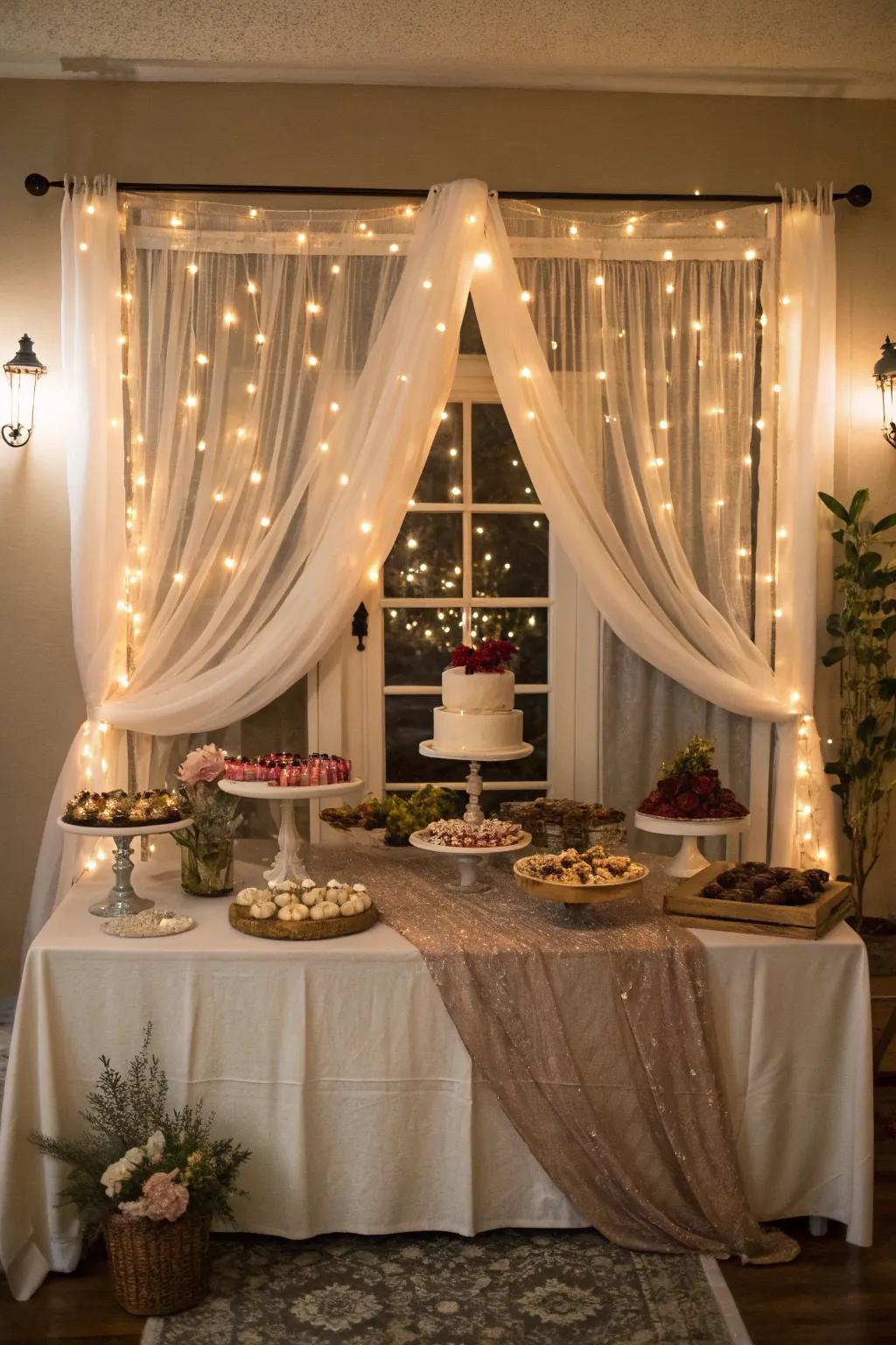 A visually appealing fabric and lighting arrangement boosting the dessert table's allure.