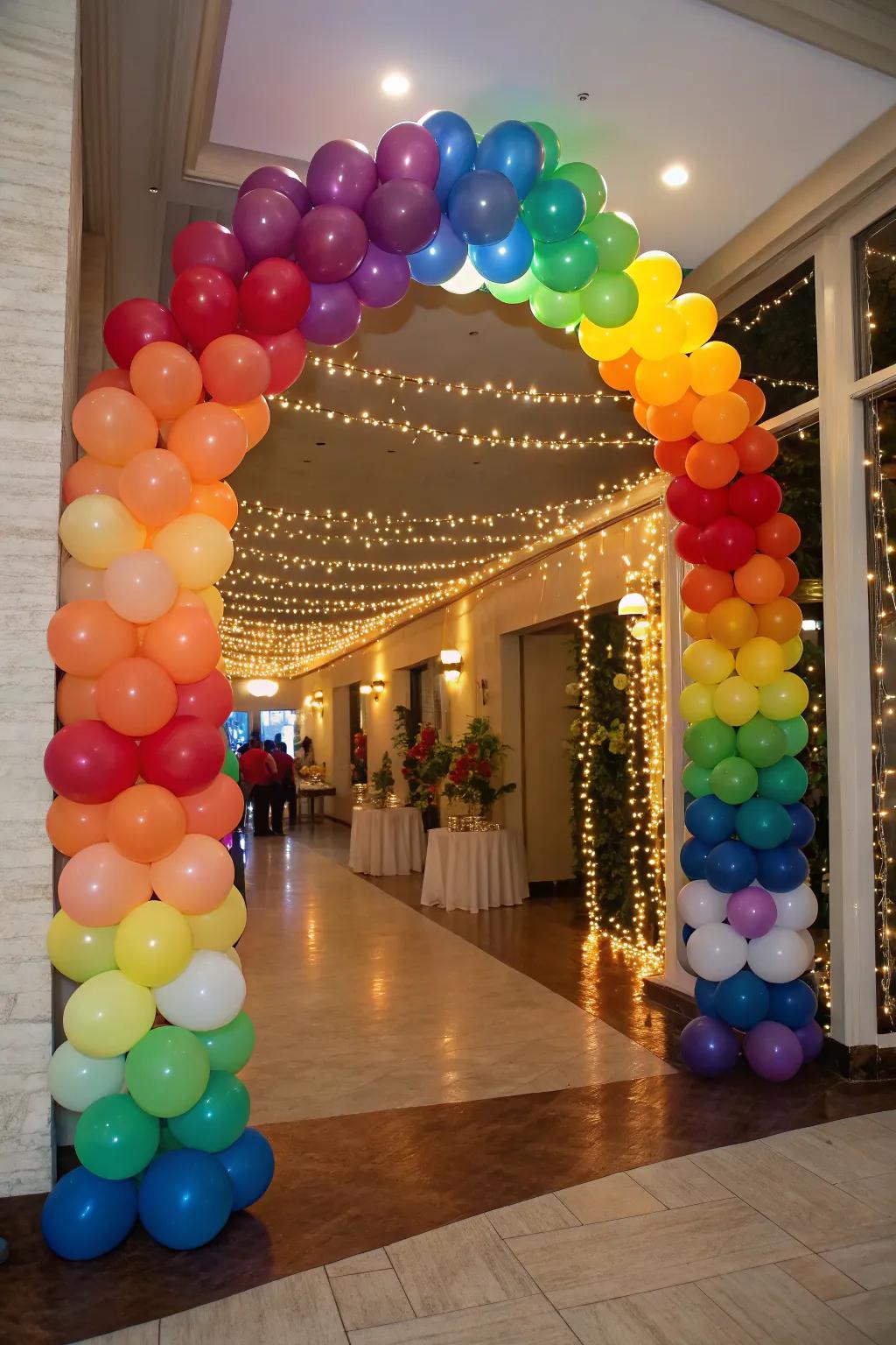 A joyful balloon arch introduces a burst of color and excitement right at the party entrance.