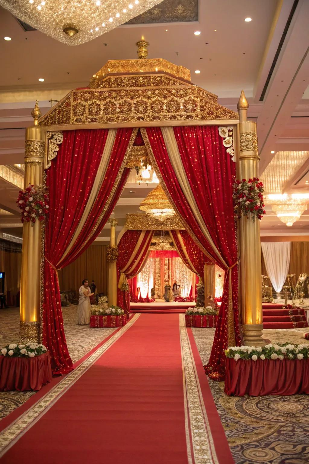 A rice-feeding party showcasing a lush scarlet and gilt color scheme.