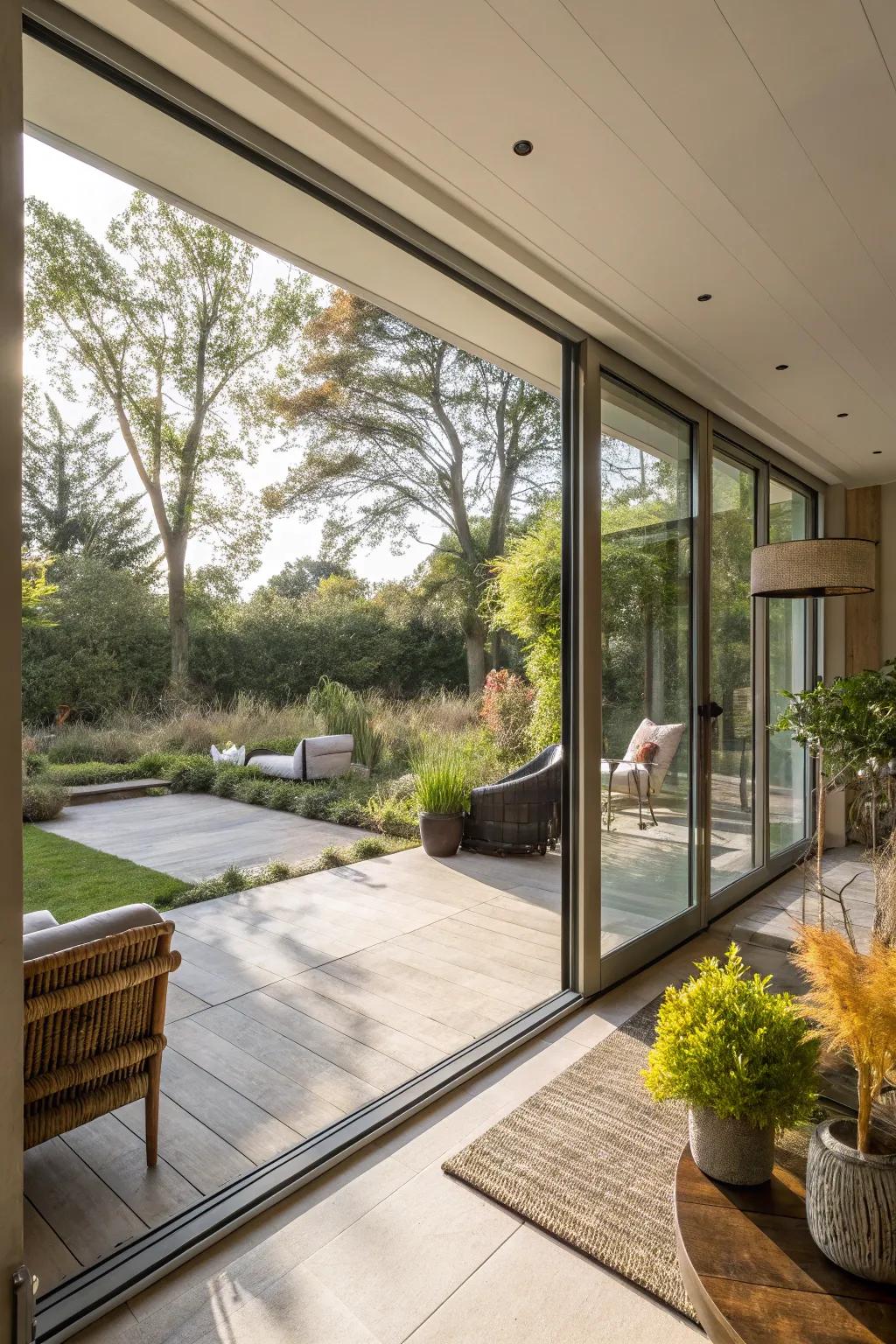 Sliding glass doors offer a continuous, sweeping vista of your garden sanctuary.