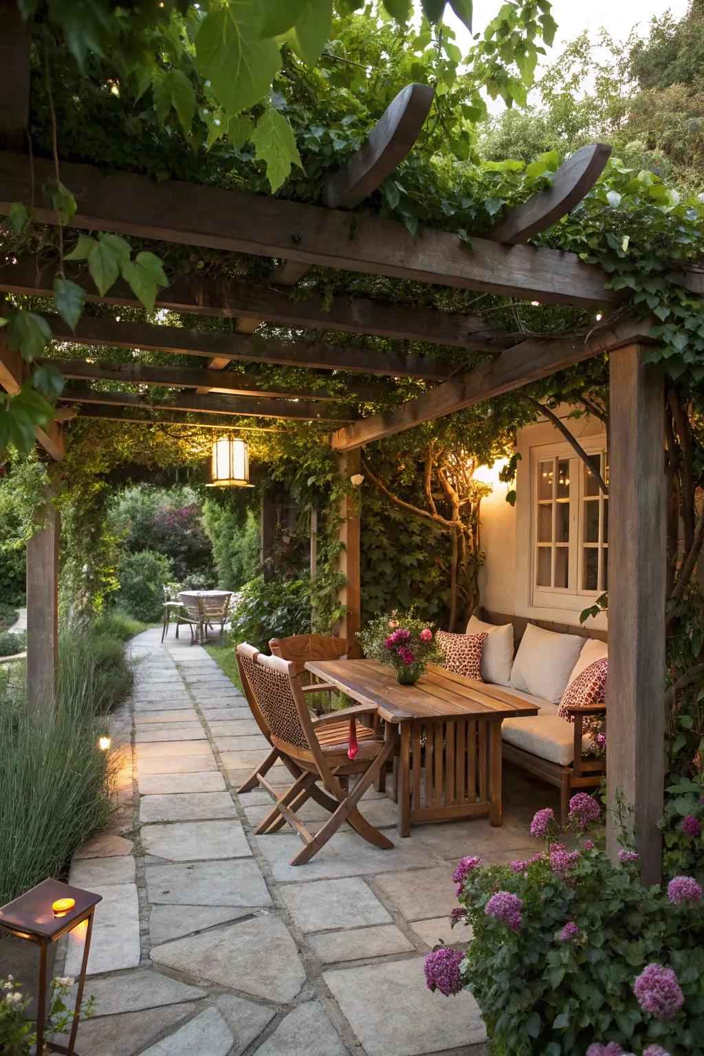 A pergola adorned with verdure delivers a tranquil and shaded getaway.