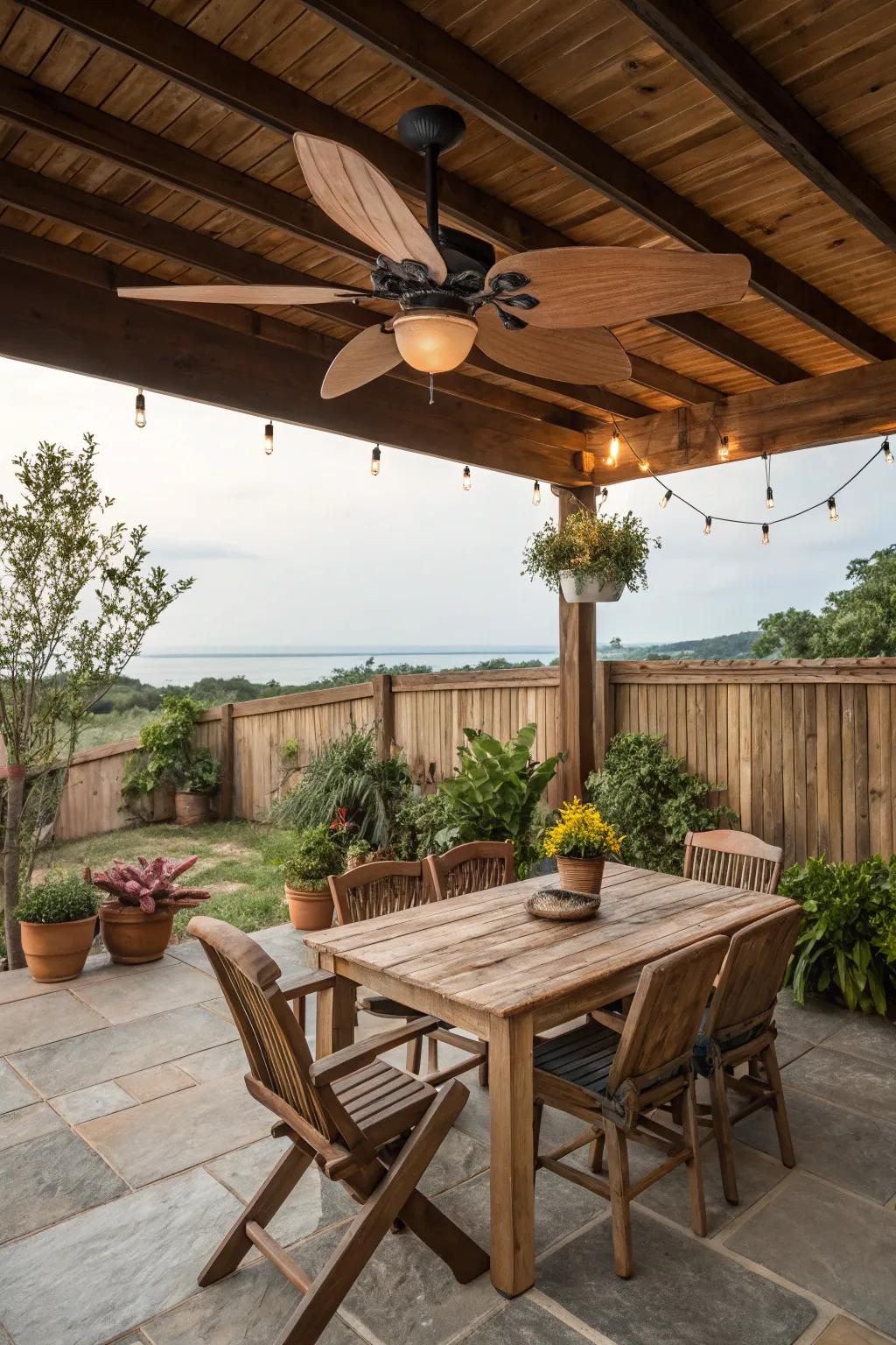 A warmly adorned patio featuring a wooden ceiling fan and inviting decor.