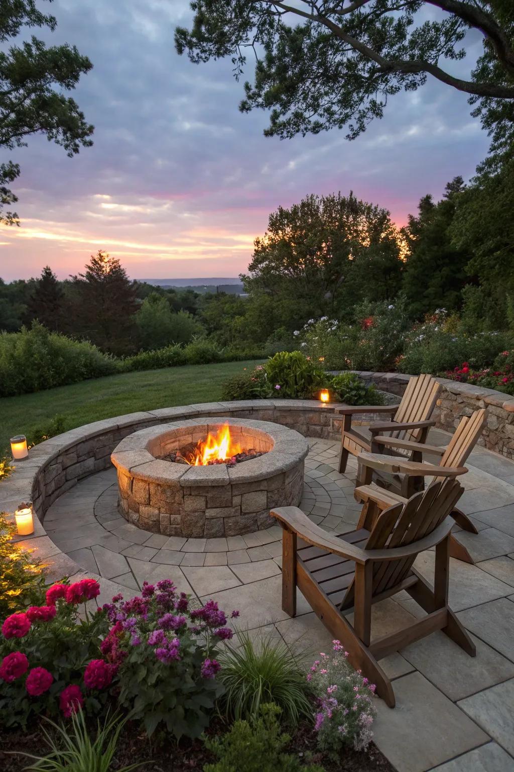 The timeless circular stone firepit is an ideal centerpiece for cozy gatherings.