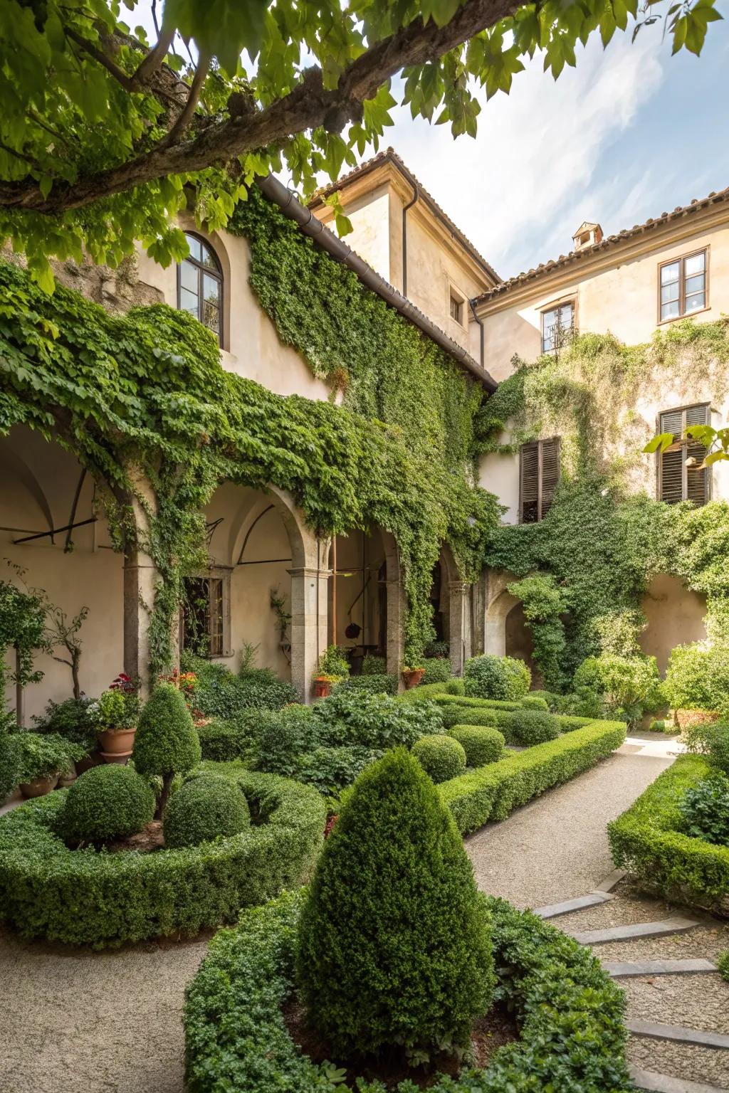 An inviting Italian courtyard garden, overflowing with verdant greenery.