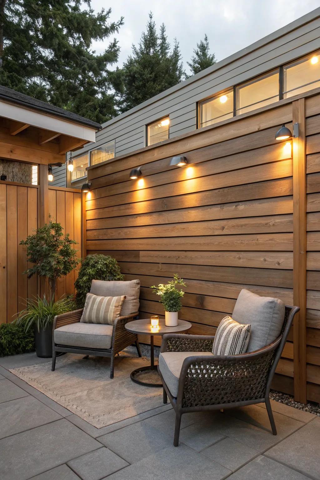 An elegant patio showcasing sleek horizontal redwood panels.