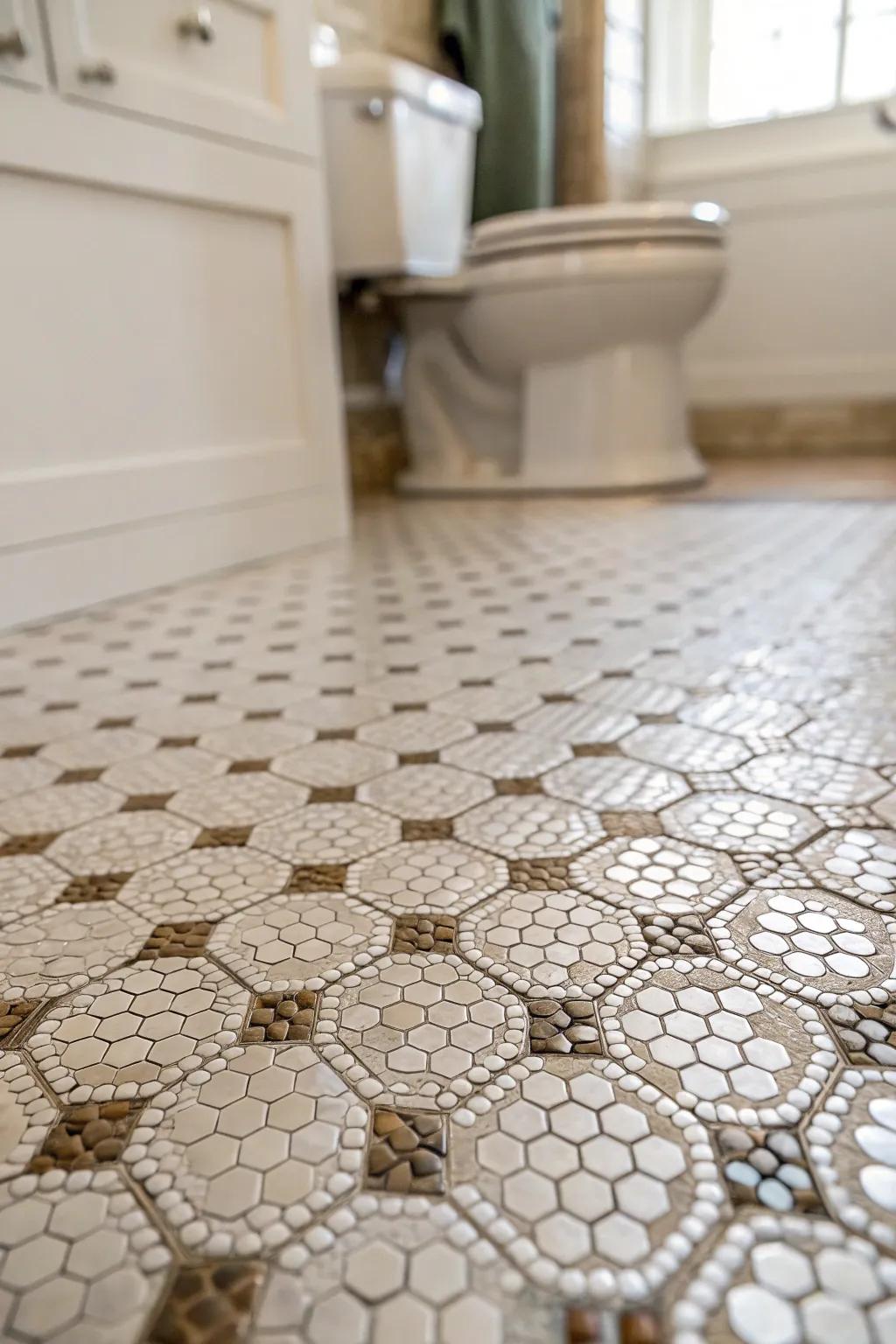 Elegant geometric patterns crafted with penny tiles for bathroom floors.