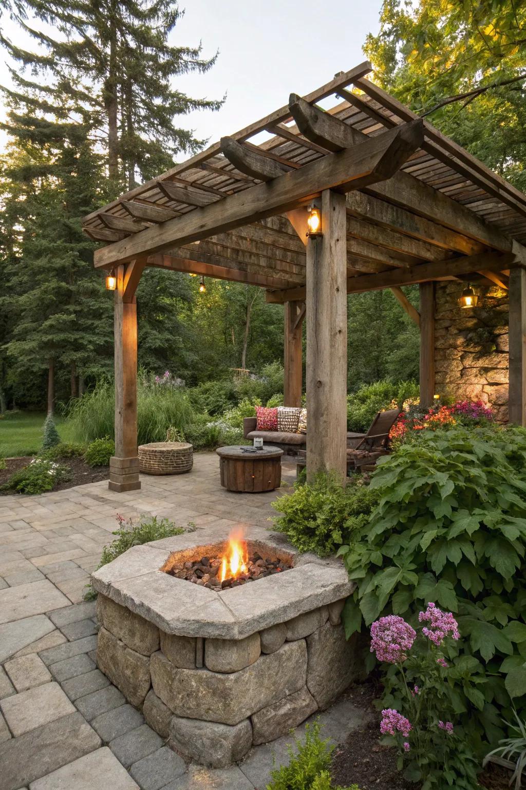 Celebrate nature's beauty with a rustic wood and stone pergola fire pit.