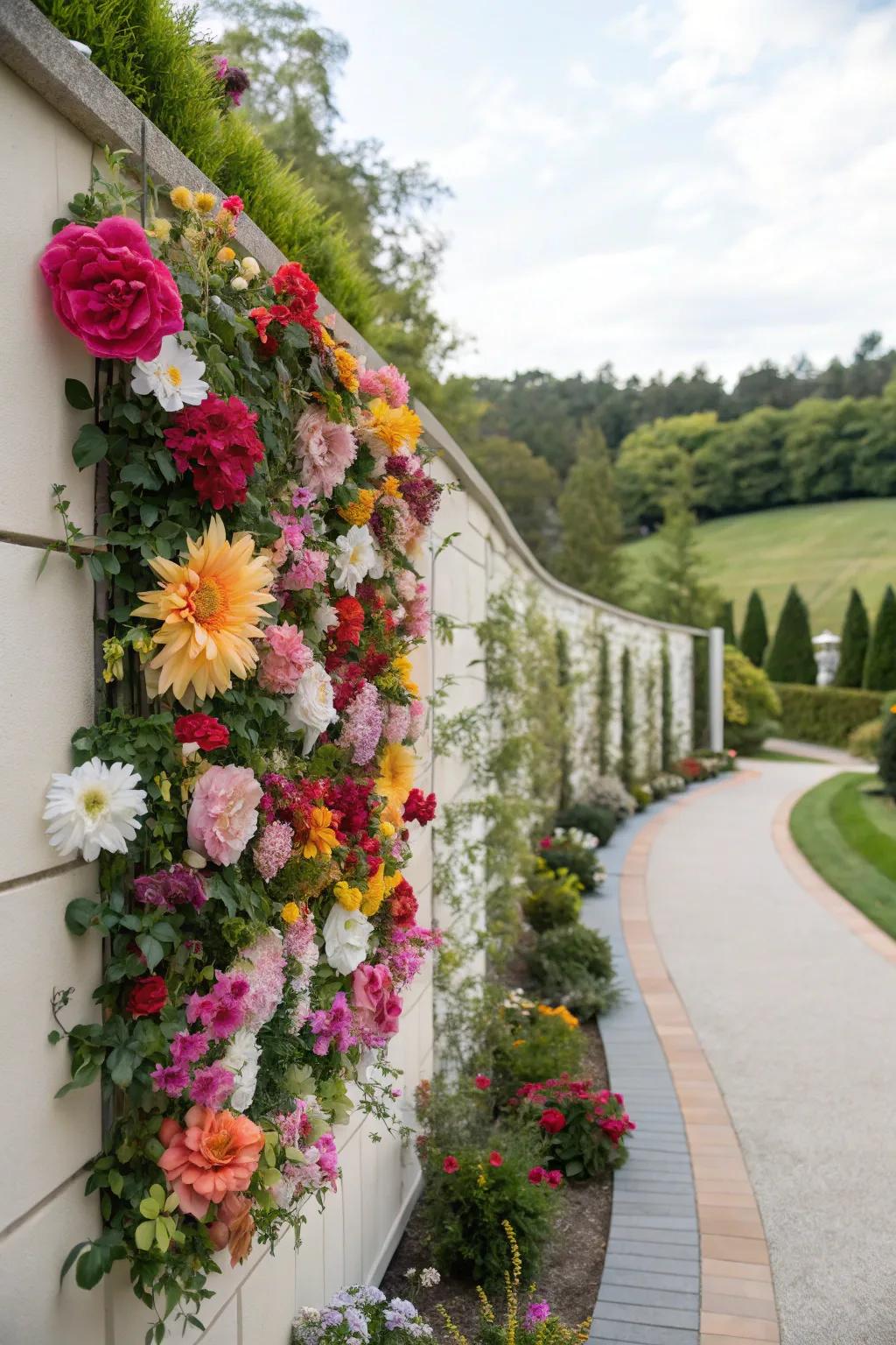 A floral wall with a vibrant mix of artificial and genuine flowers, delivering a dreamy effect.