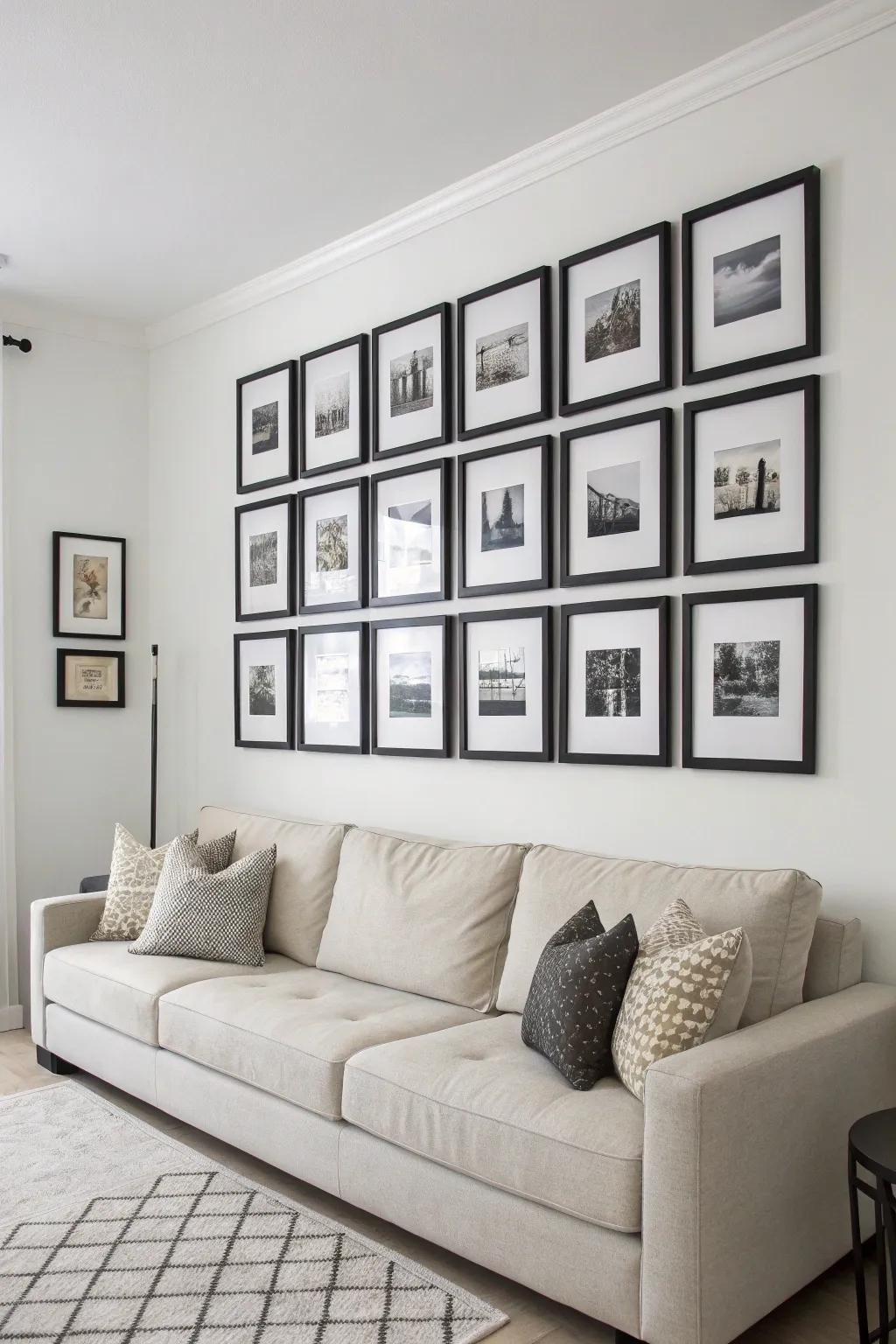 A symmetrical grid photo wall that introduces organization and flair into a contemporary living area.