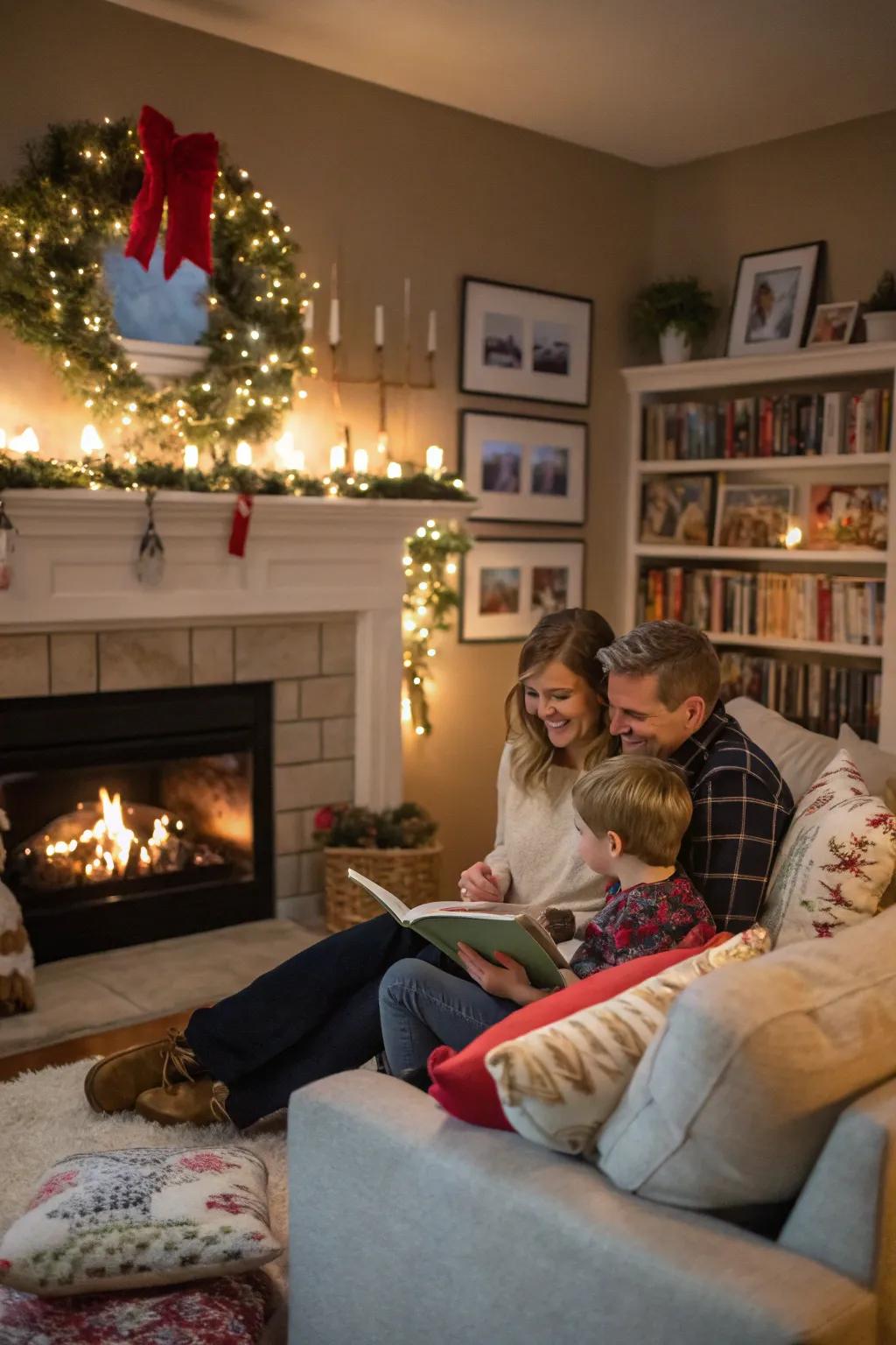 A family cherishing a cozy moment by a beautifully adorned fireplace.