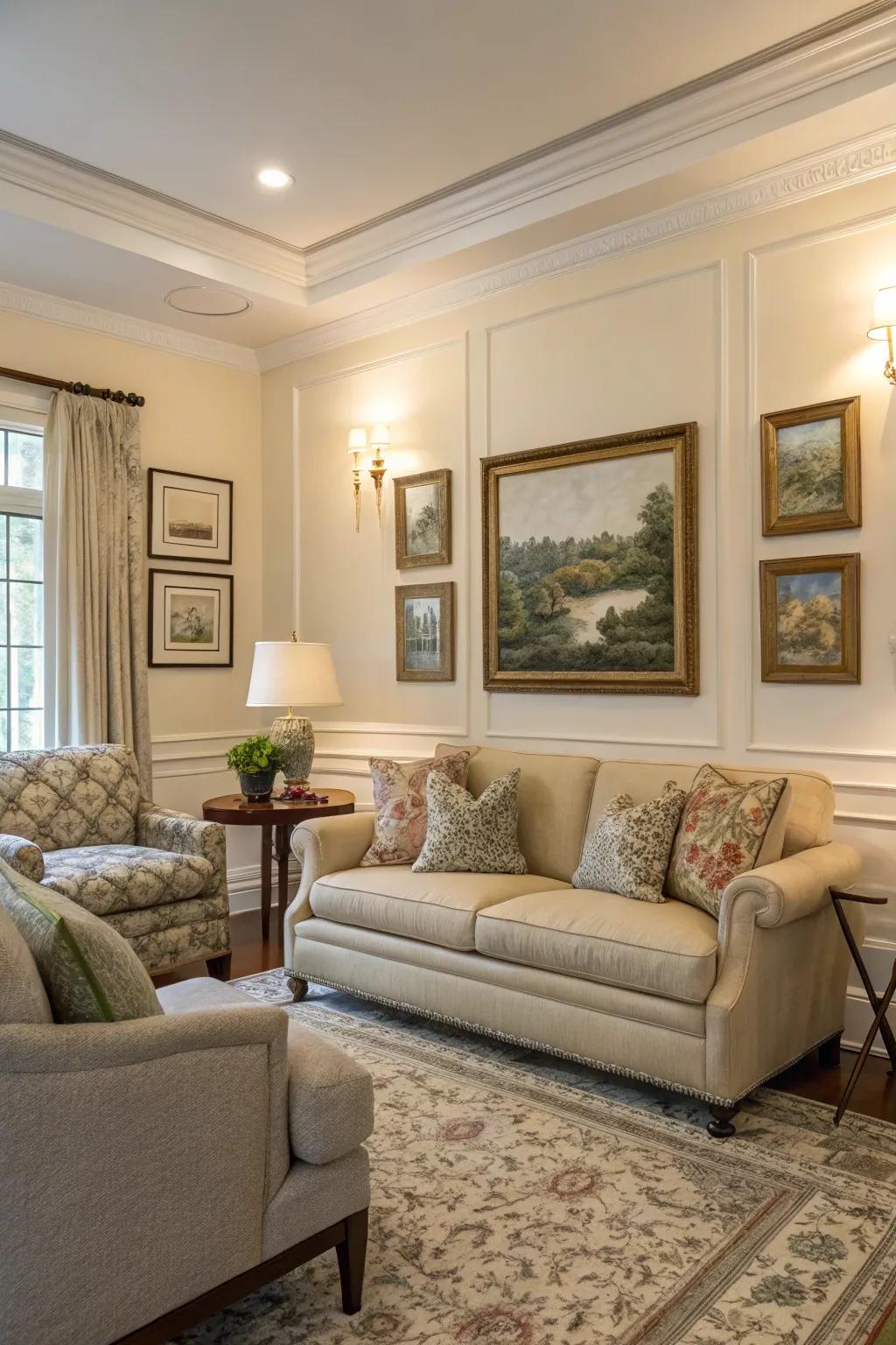 Elevate your living room's elegance by framing artwork with molding.