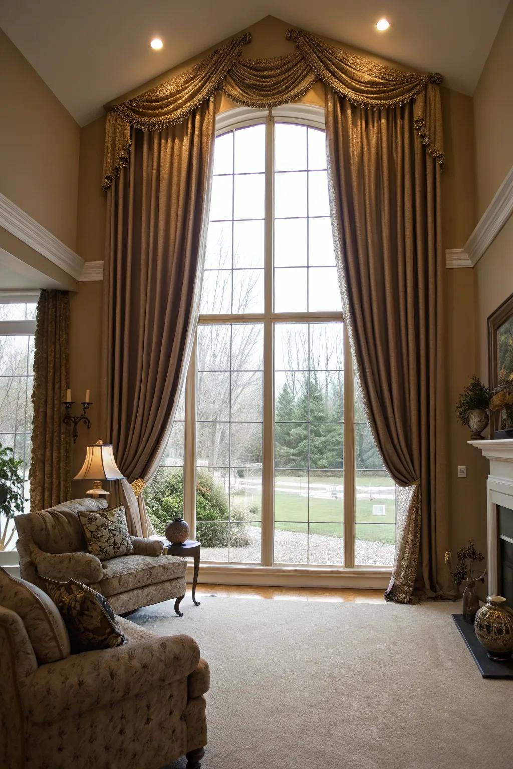 Lavish floor-length drapes that highlight a picture window in an elegant living space.
