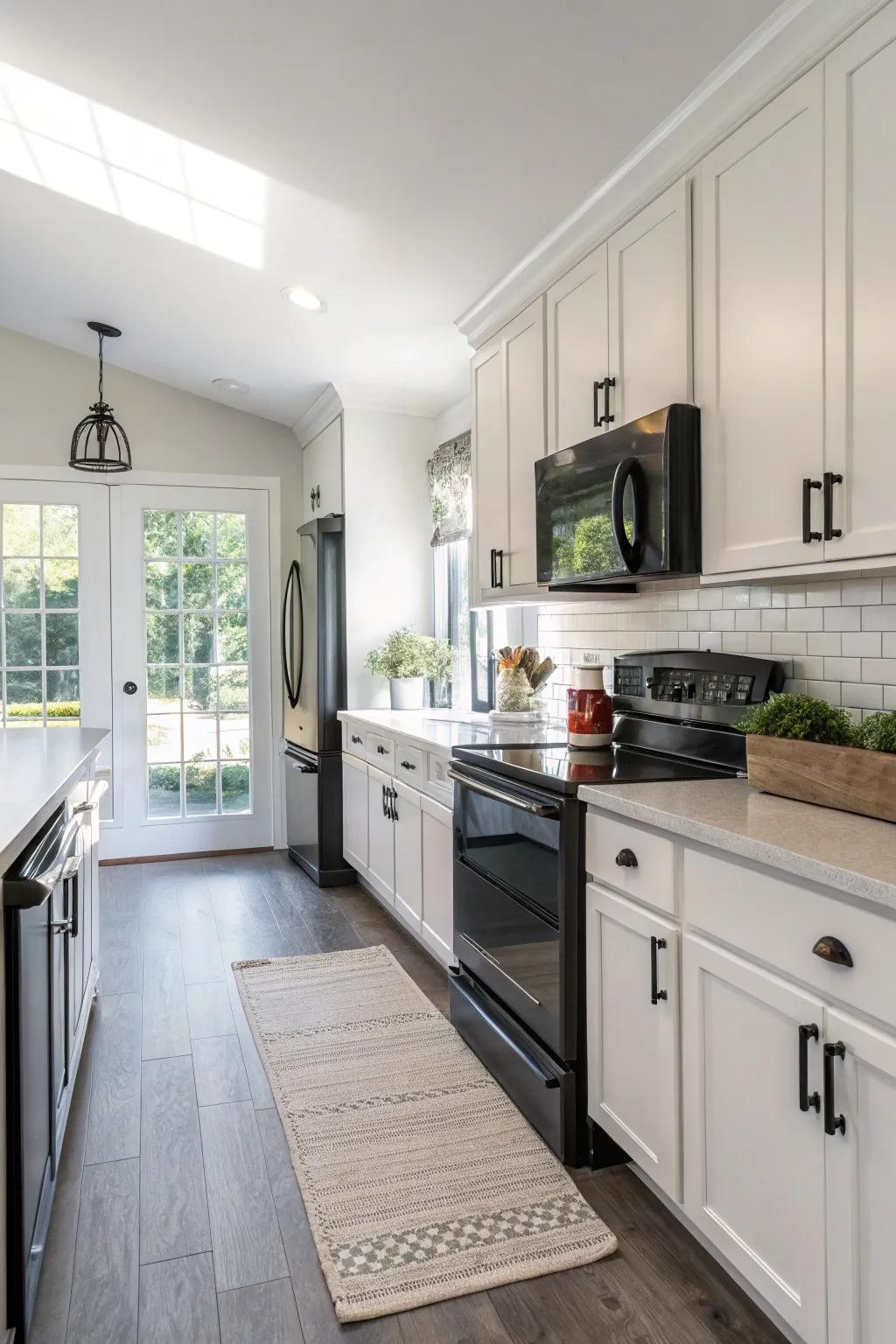 A timeless black and white cooking area that remains eternally stylish.